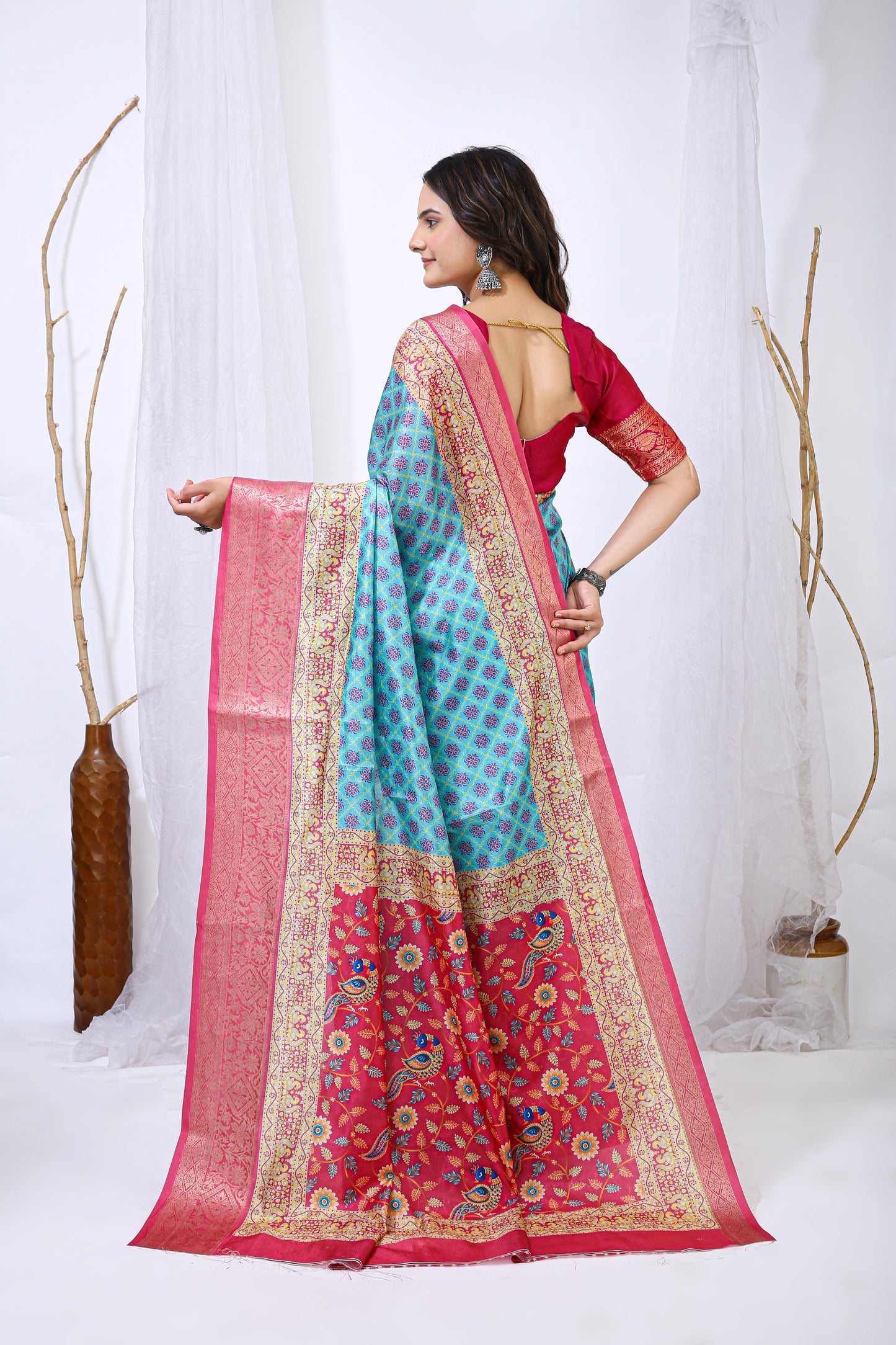 Blue Color Dola Cotton Fabric Digital Print Saree With Blouse Piece