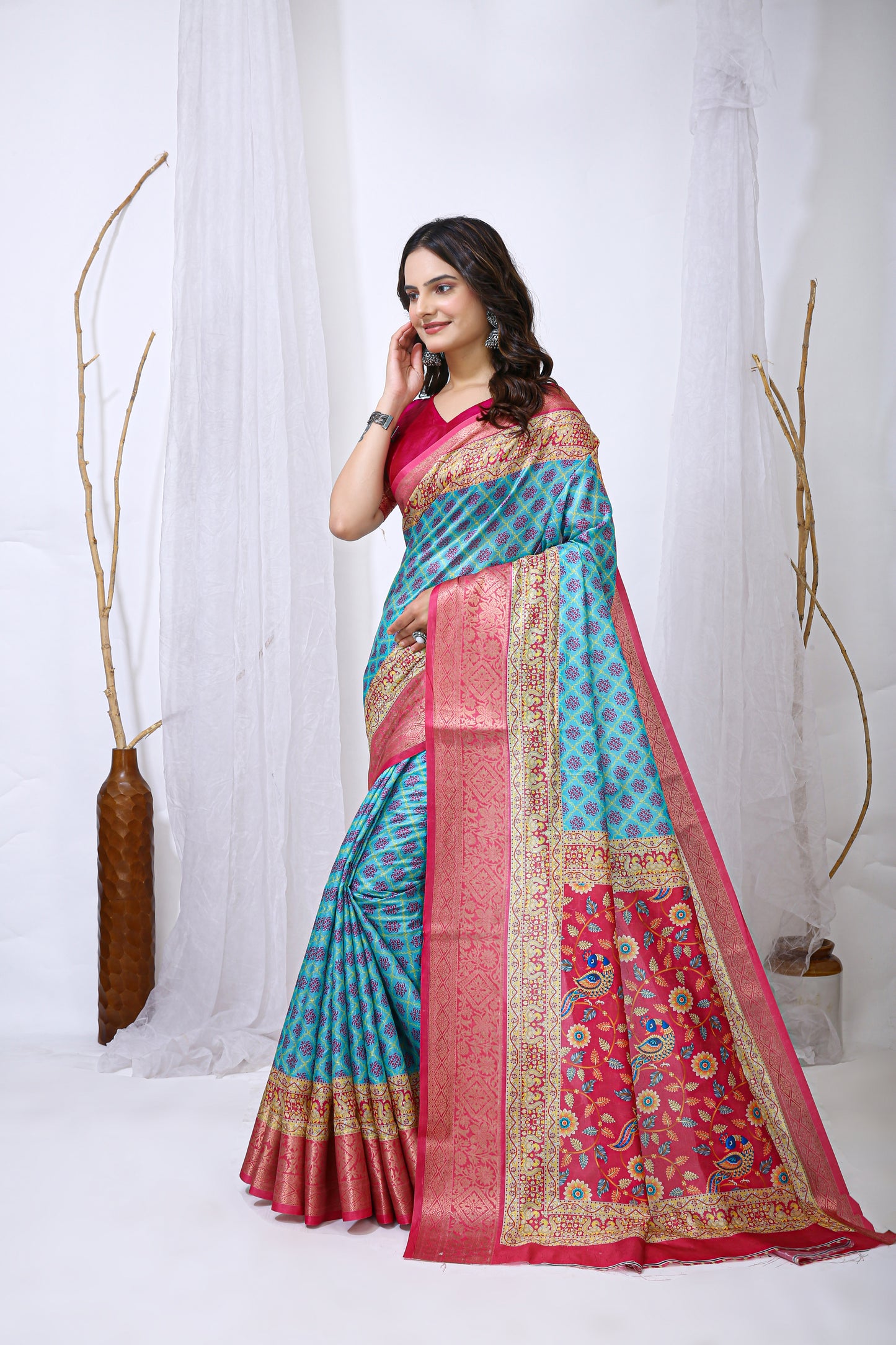 Blue Color Dola Cotton Fabric Digital Print Saree With Blouse Piece
