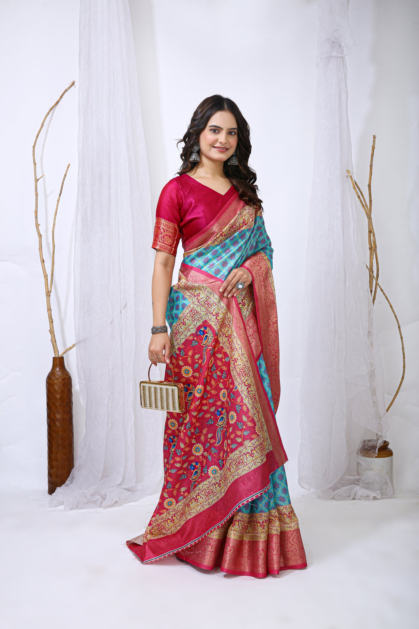 Blue Color Dola Cotton Fabric Digital Print Saree With Blouse Piece