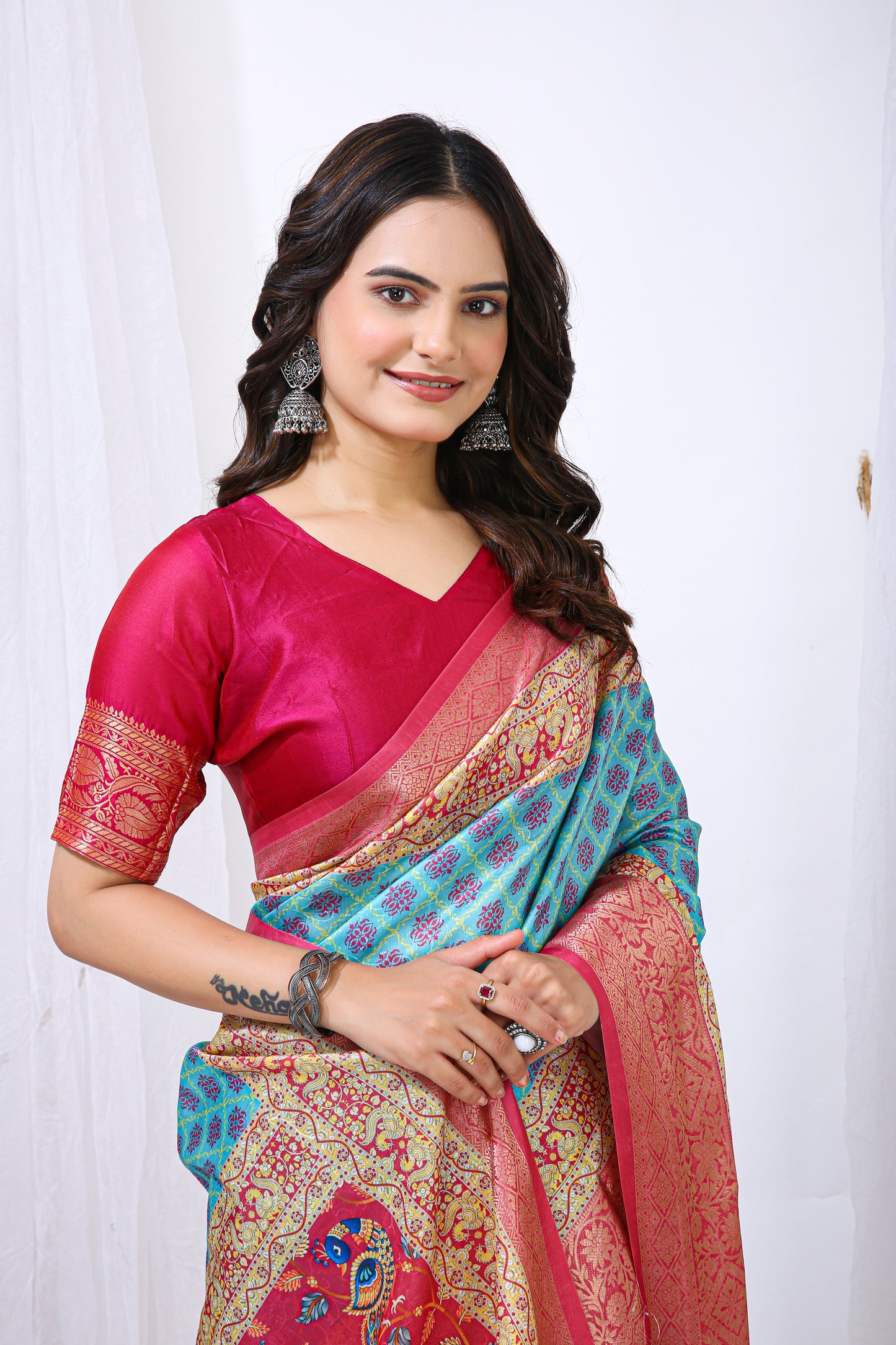 Blue Color Dola Cotton Fabric Digital Print Saree With Blouse Piece