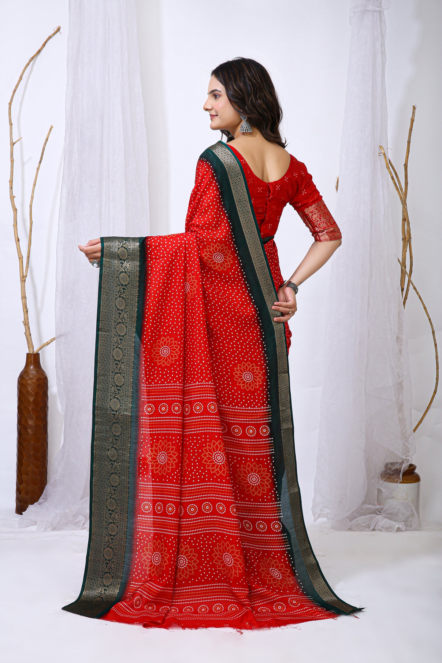 Red Color Dola Cotton Fabric Kalamkari Print Saree With Printed Blouse Piece