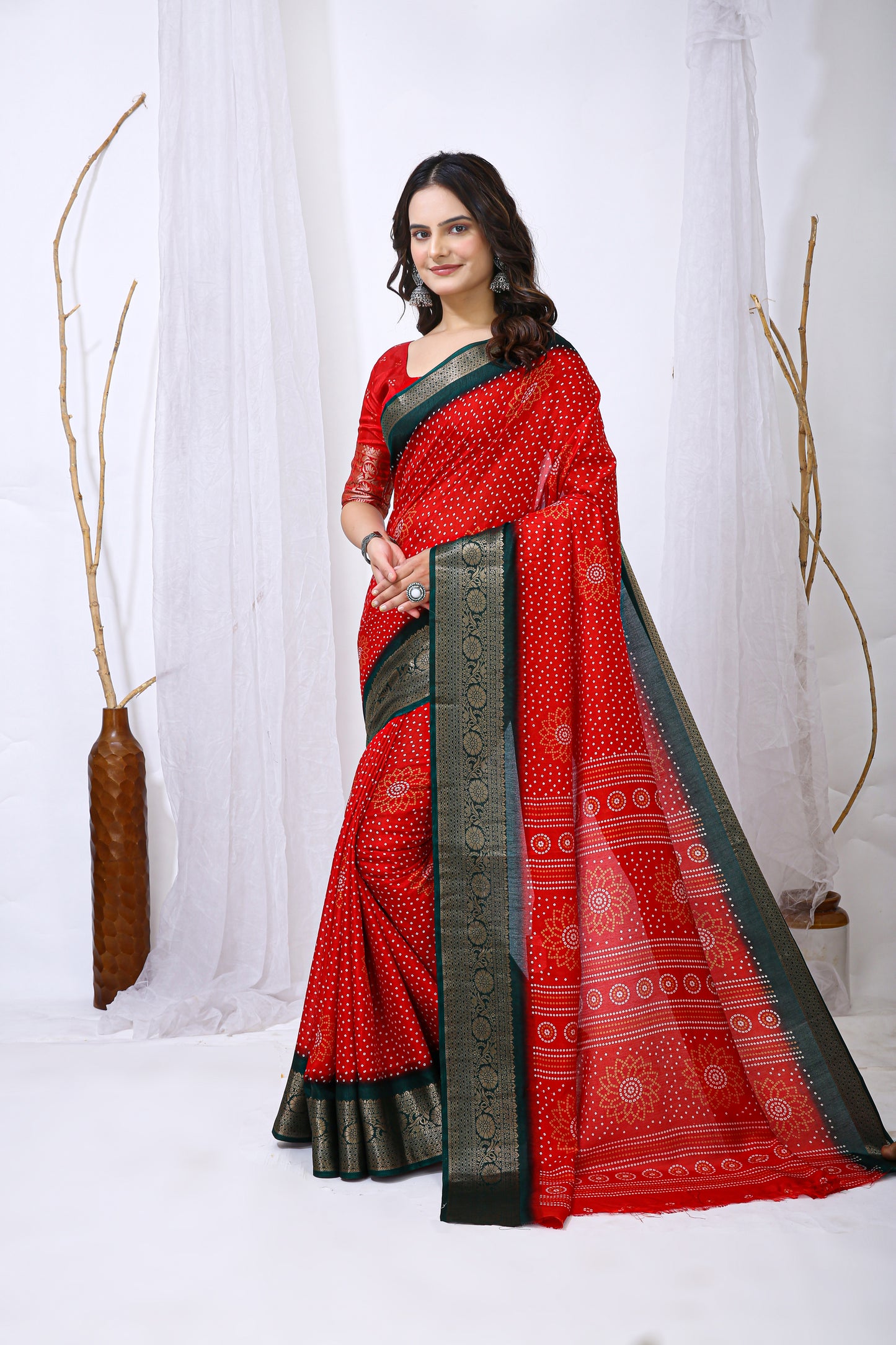 Red Color Dola Cotton Fabric Kalamkari Print Saree With Printed Blouse Piece