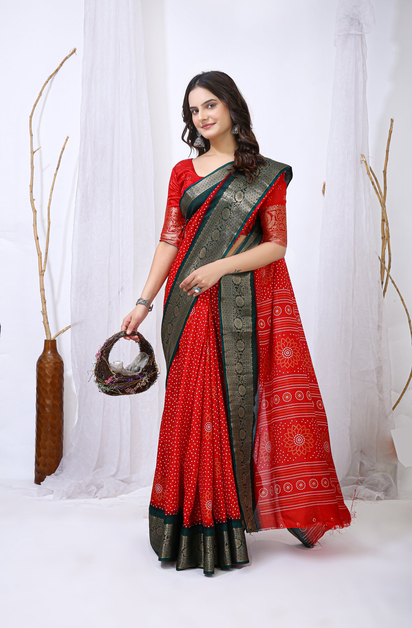 Red Color Dola Cotton Fabric Kalamkari Print Saree With Printed Blouse Piece