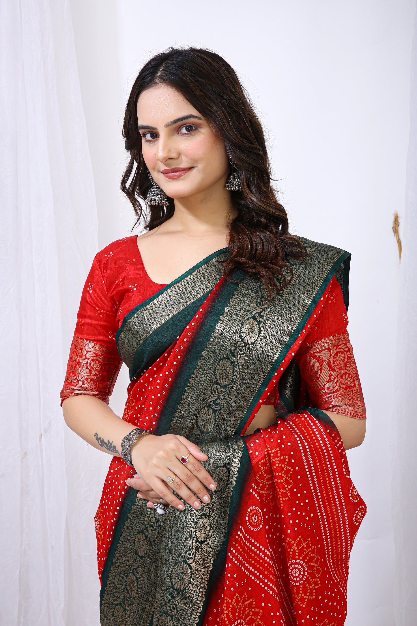 Red Color Dola Cotton Fabric Kalamkari Print Saree With Printed Blouse Piece
