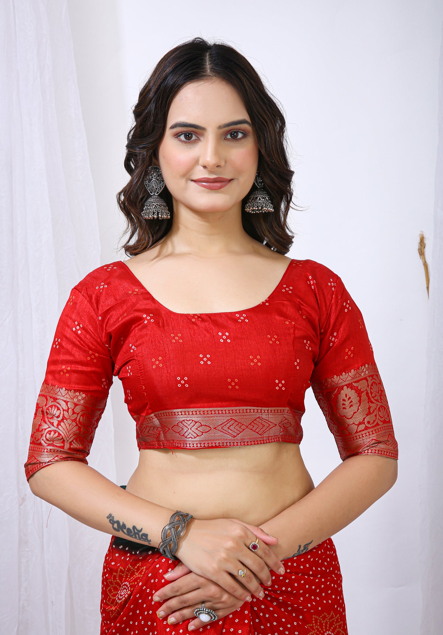 Red Color Dola Cotton Fabric Kalamkari Print Saree With Printed Blouse Piece