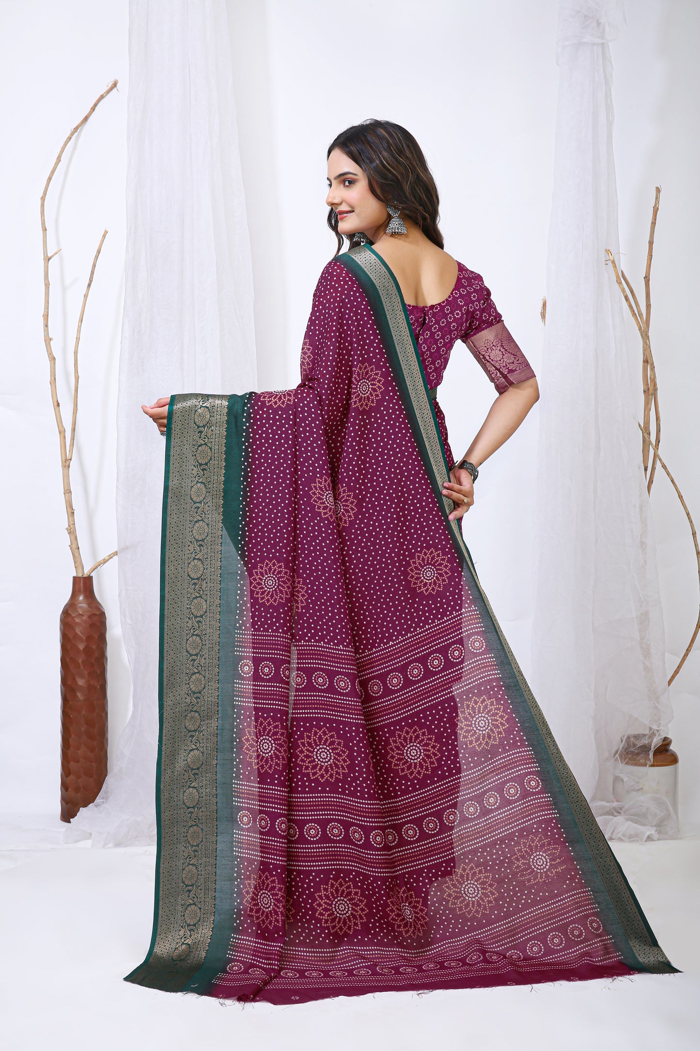 Purple Color Dola Cotton Fabric Kalamkari Print Saree With Printed Blouse Piece