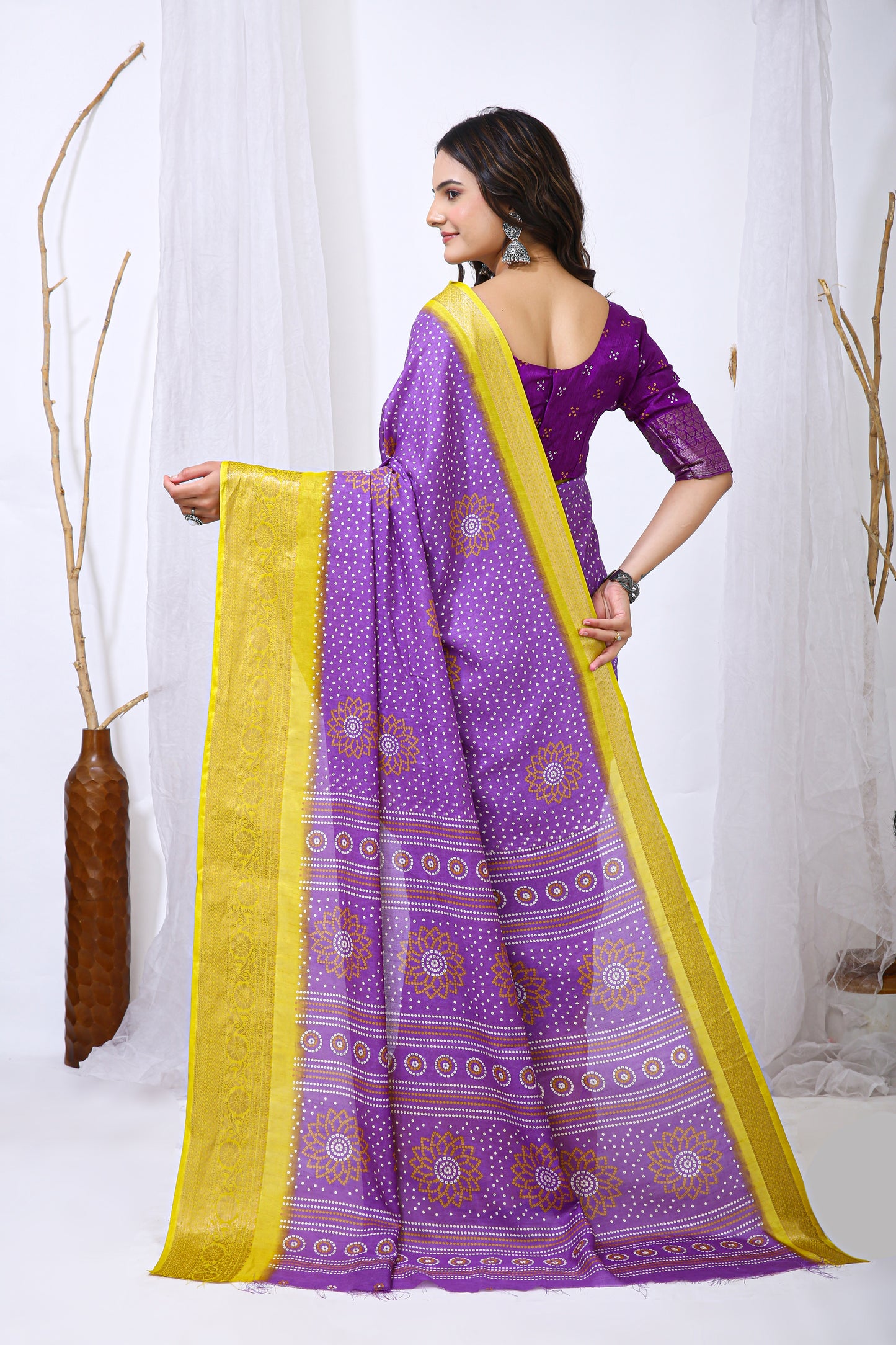Lavender Color Dola Cotton Fabric Kalamkari Print Saree With Printed Blouse Piece