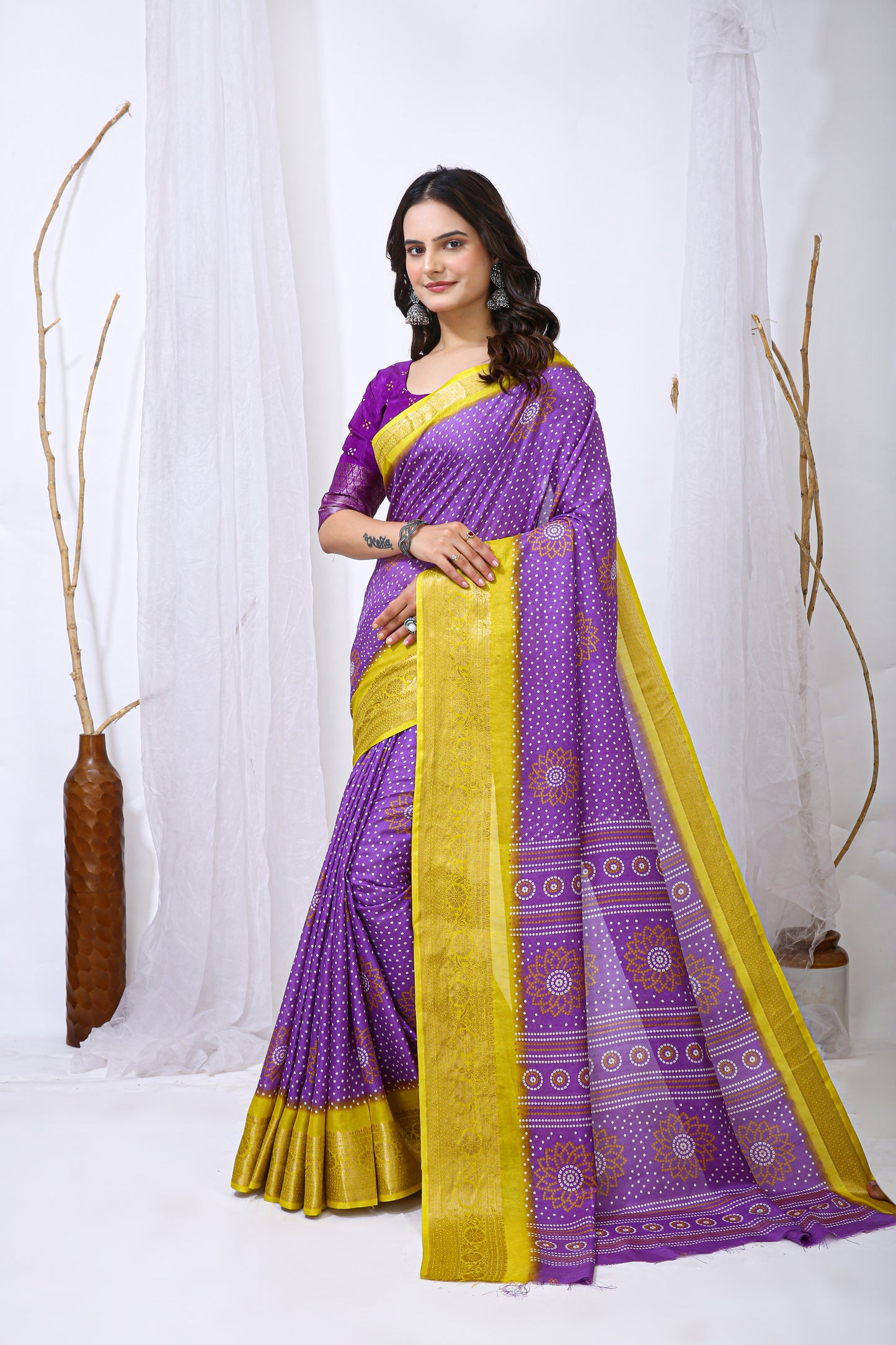 Lavender Color Dola Cotton Fabric Kalamkari Print Saree With Printed Blouse Piece