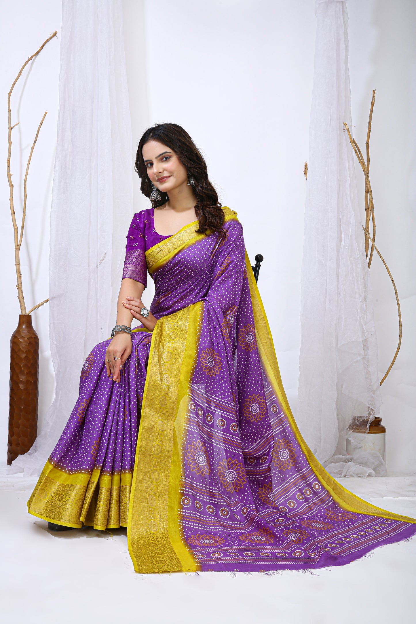 Lavender Color Dola Cotton Fabric Kalamkari Print Saree With Printed Blouse Piece