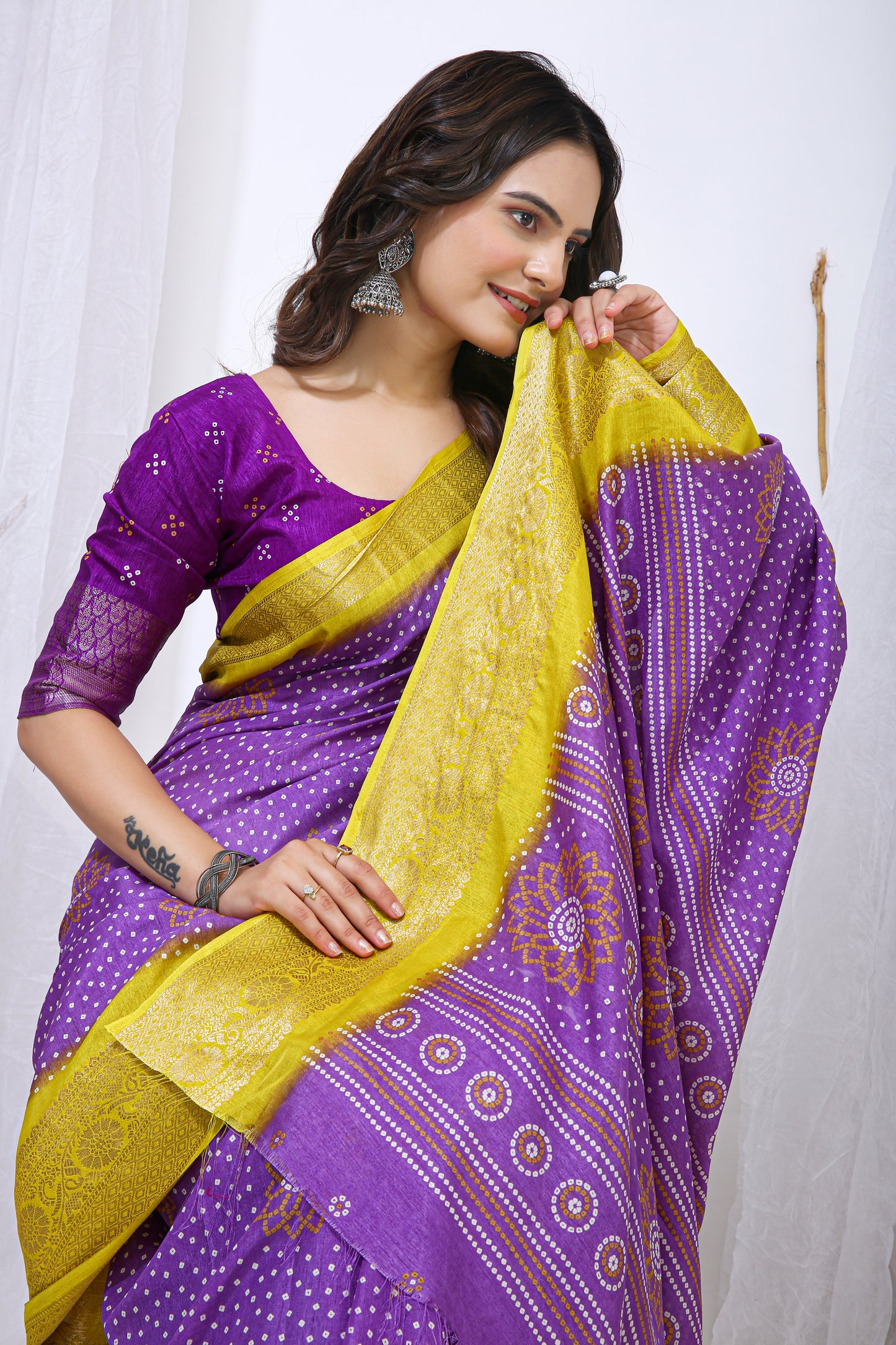 Lavender Color Dola Cotton Fabric Kalamkari Print Saree With Printed Blouse Piece