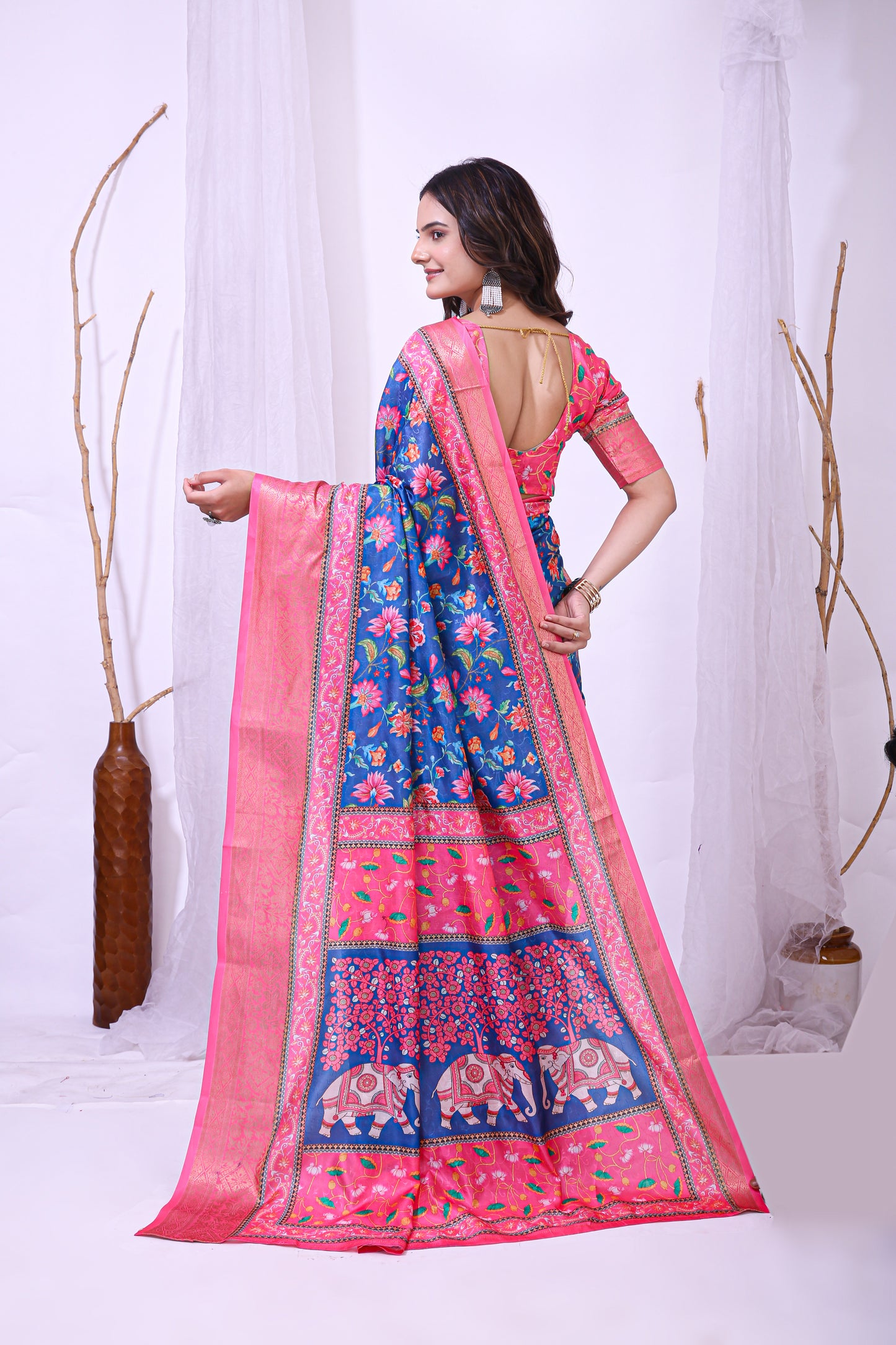 Blue and Pink Color Dola Cotton Fabric Digital Print Saree With Blouse Piece