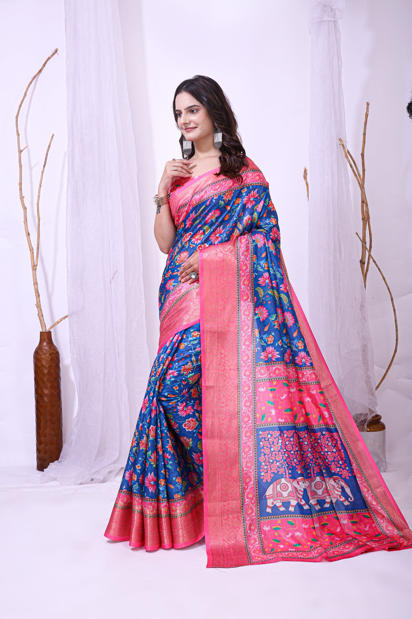 Blue and Pink Color Dola Cotton Fabric Digital Print Saree With Blouse Piece