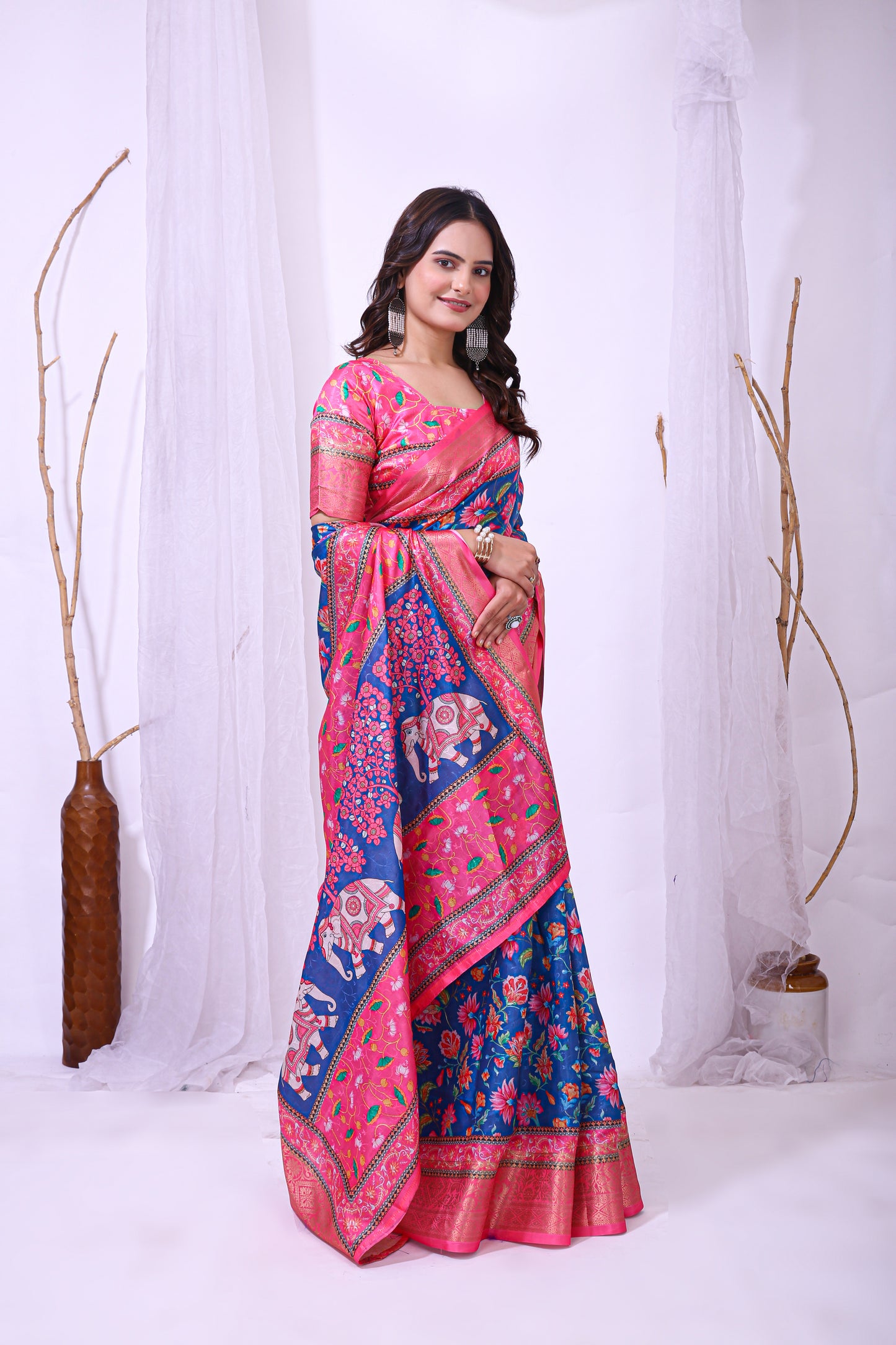 Blue and Pink Color Dola Cotton Fabric Digital Print Saree With Blouse Piece