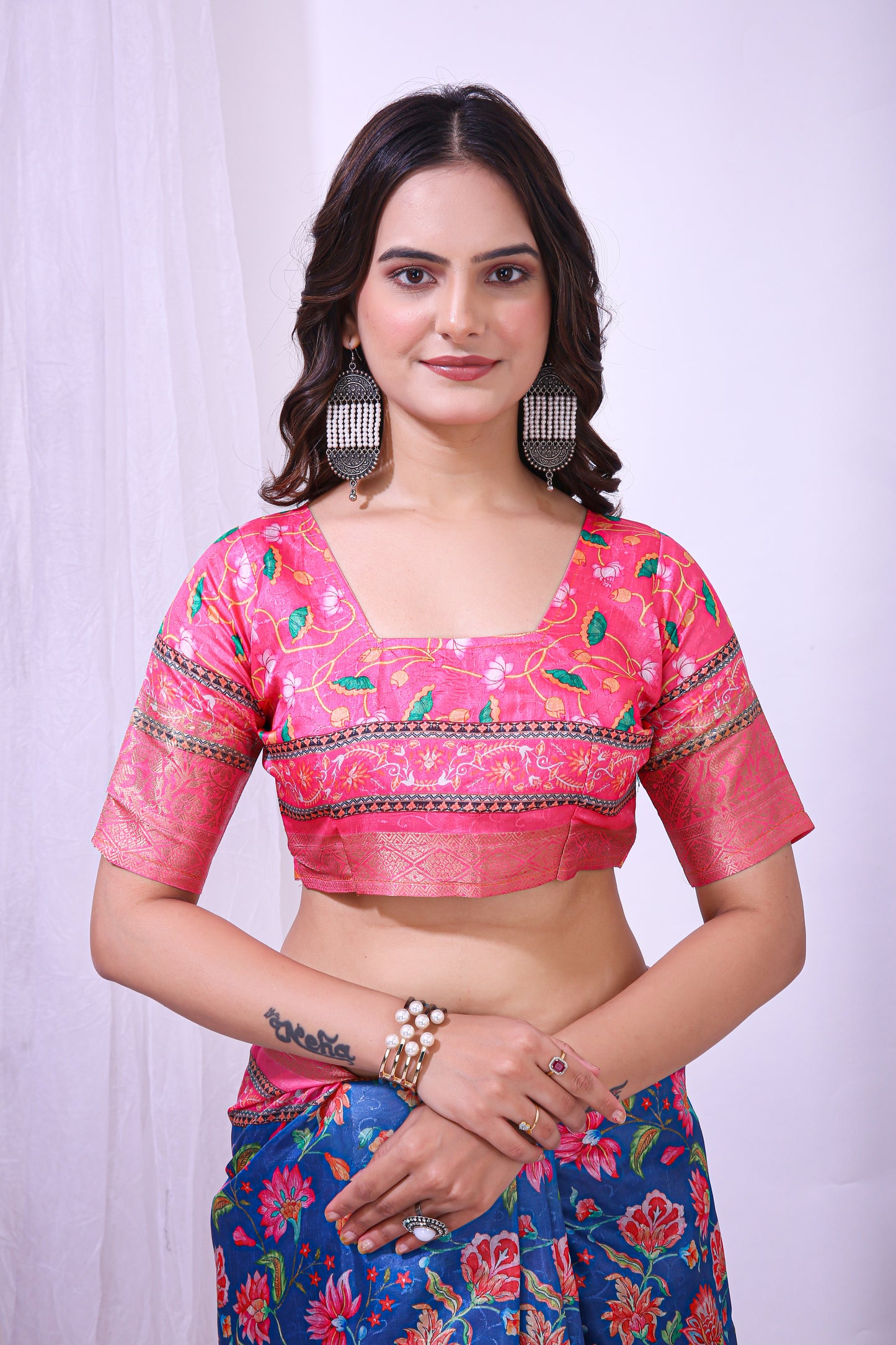Blue and Pink Color Dola Cotton Fabric Digital Print Saree With Blouse Piece