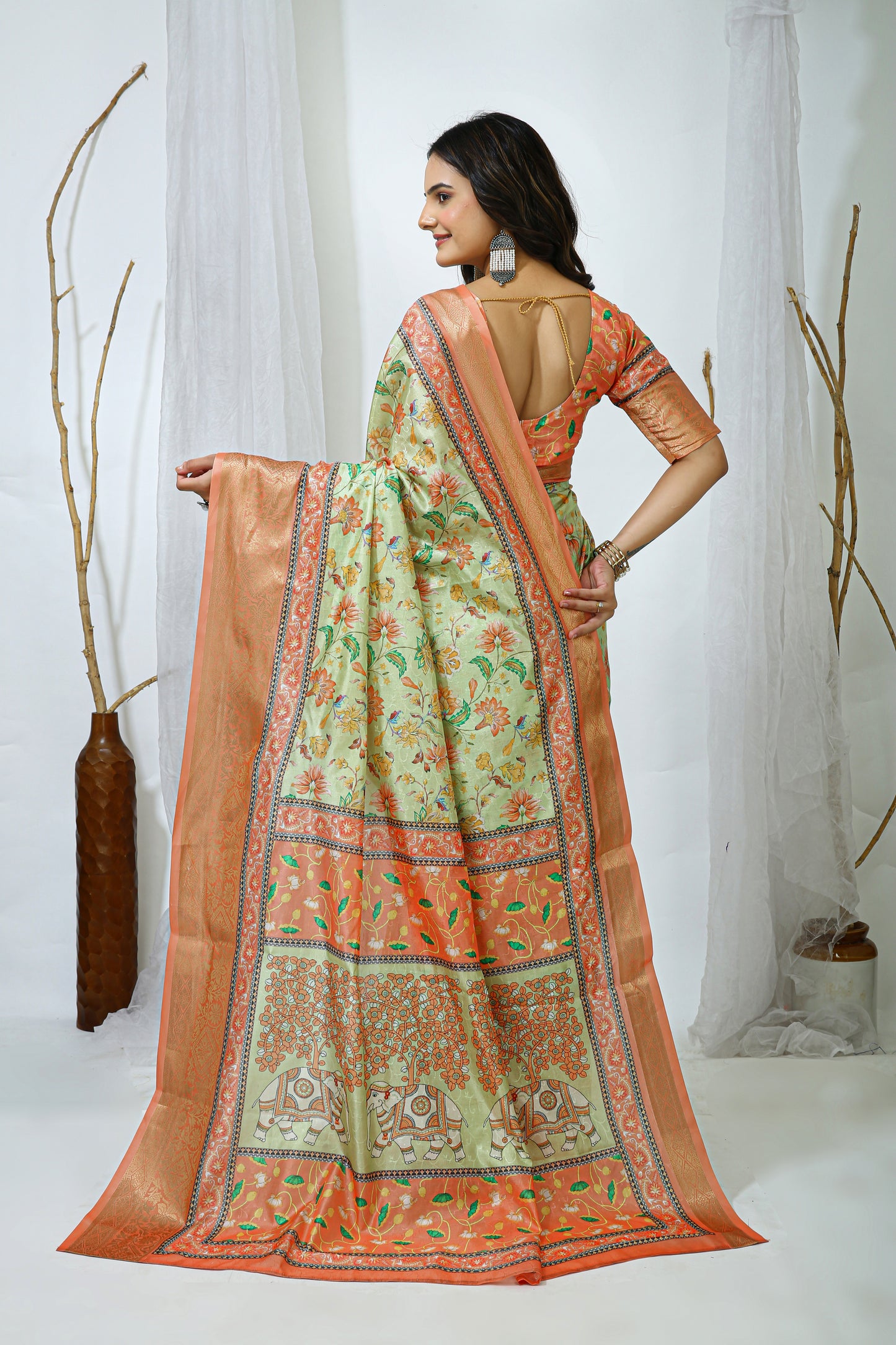 Pista and Orange Color Dola Cotton Fabric Digital Print Saree With Blouse Piece