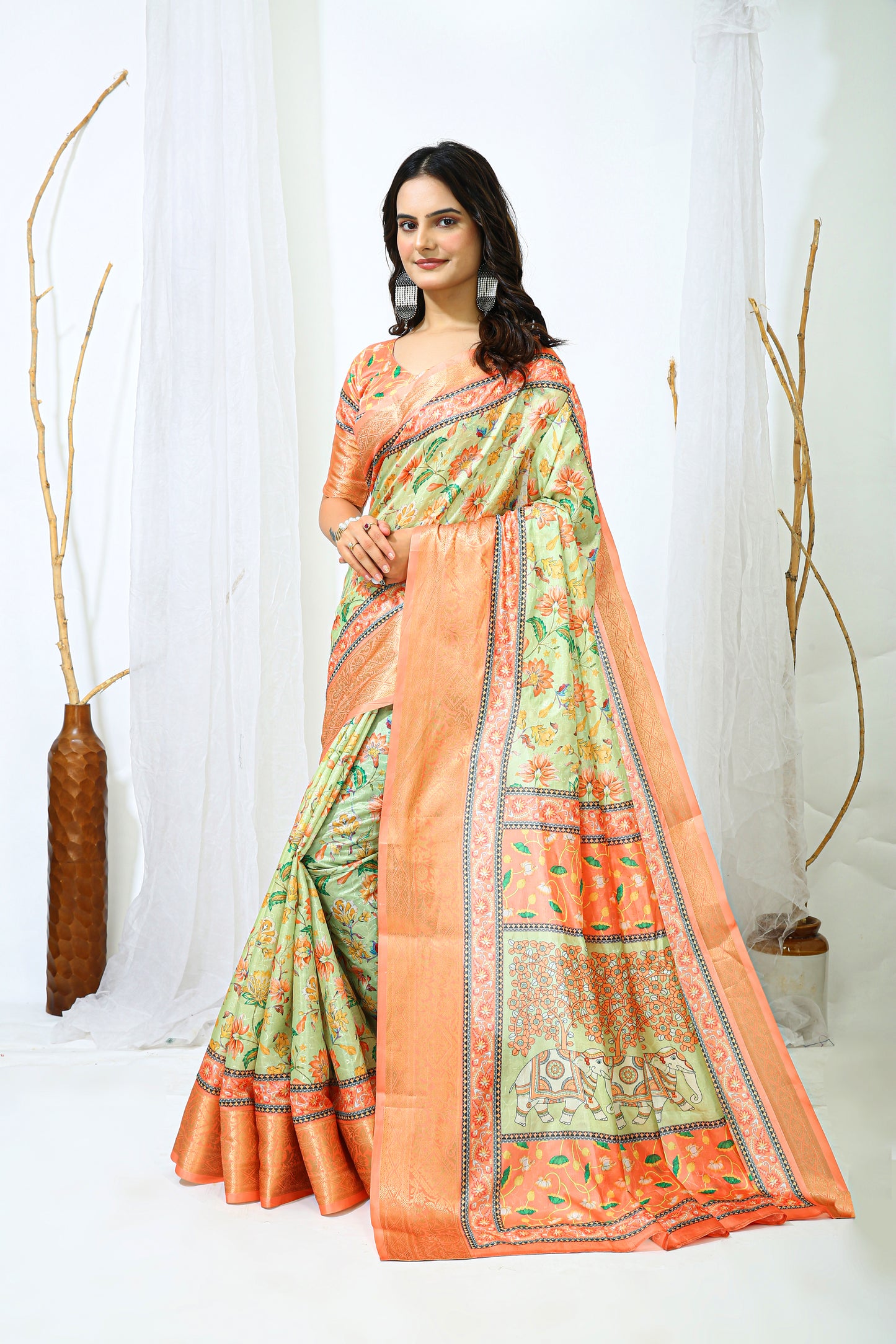 Pista and Orange Color Dola Cotton Fabric Digital Print Saree With Blouse Piece