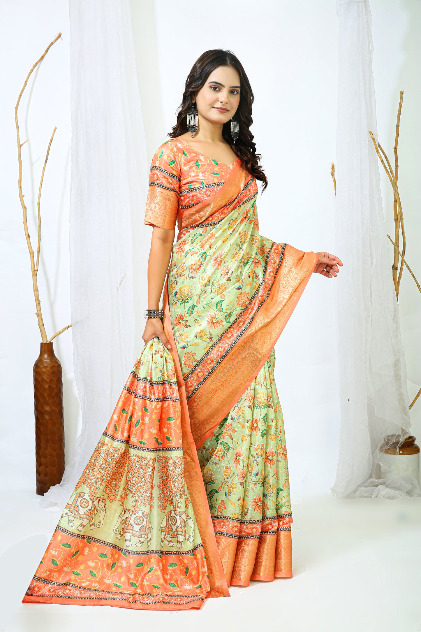 Pista and Orange Color Dola Cotton Fabric Digital Print Saree With Blouse Piece