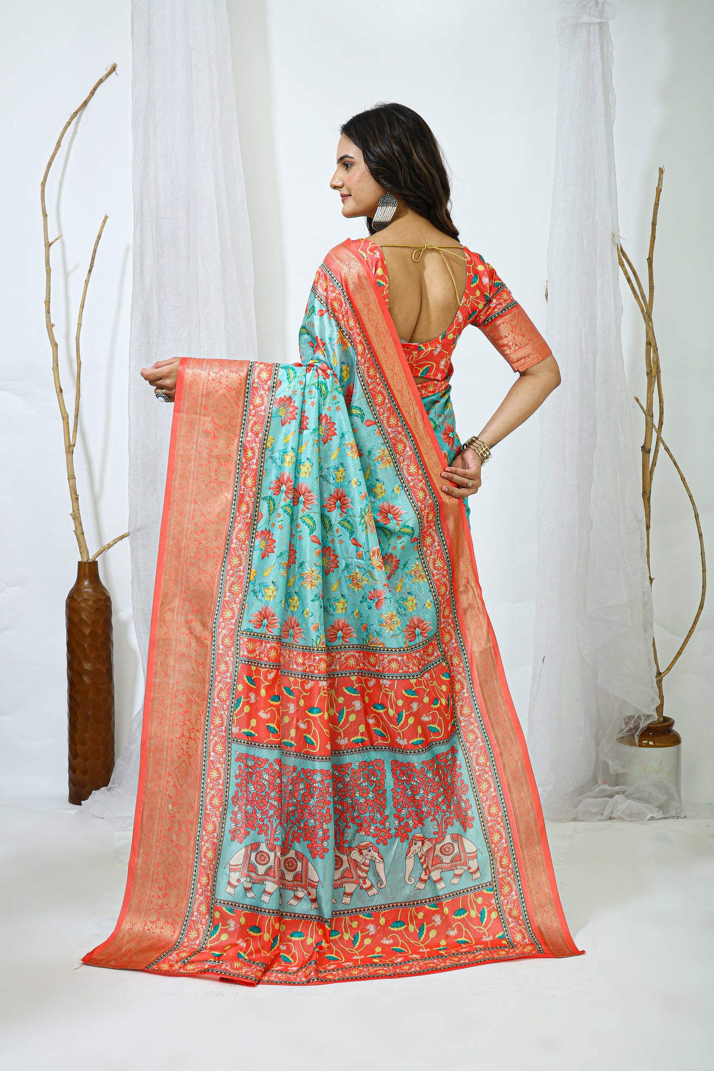 Orange and Light Blue Color Dola Cotton Fabric Digital Print Saree With Blouse Piece