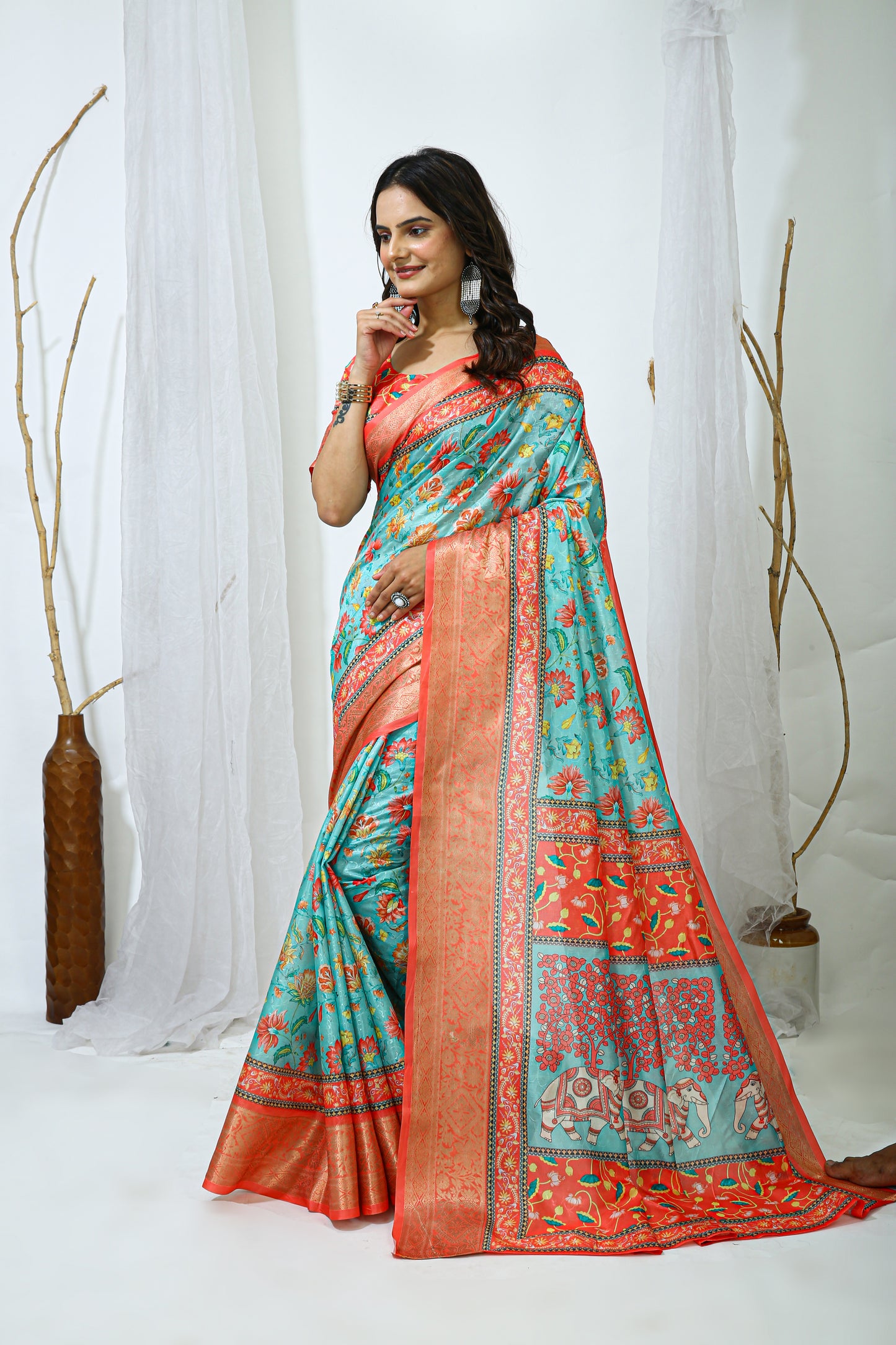Orange and Light Blue Color Dola Cotton Fabric Digital Print Saree With Blouse Piece