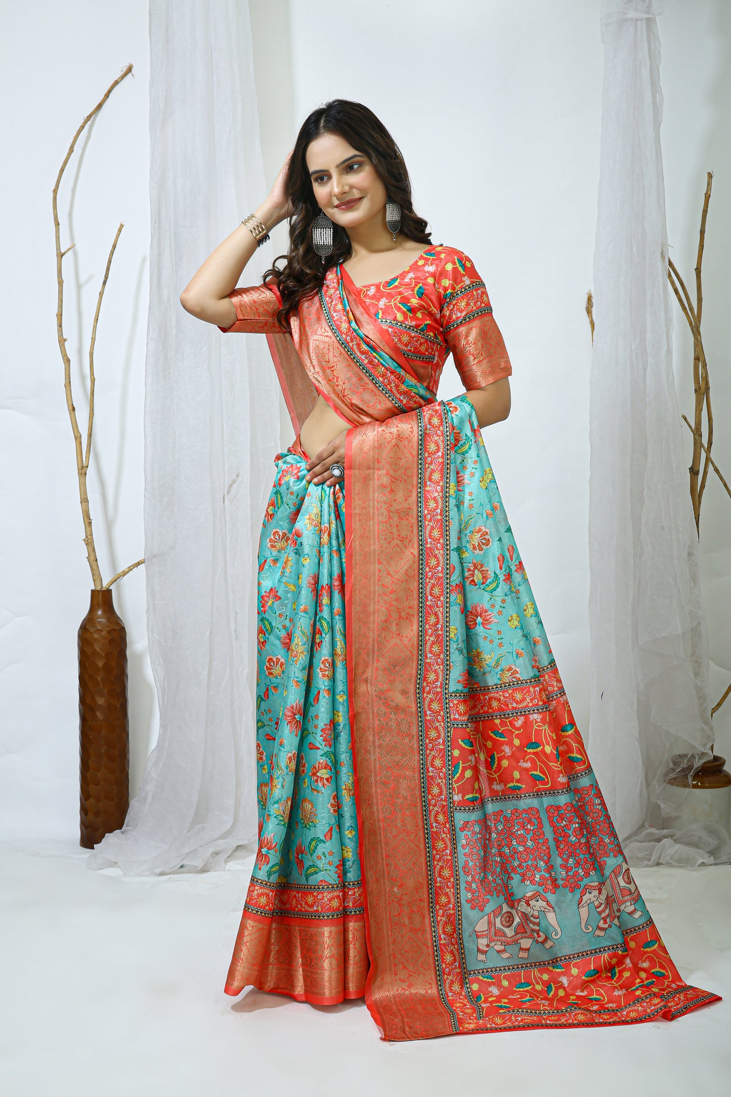 Orange and Light Blue Color Dola Cotton Fabric Digital Print Saree With Blouse Piece