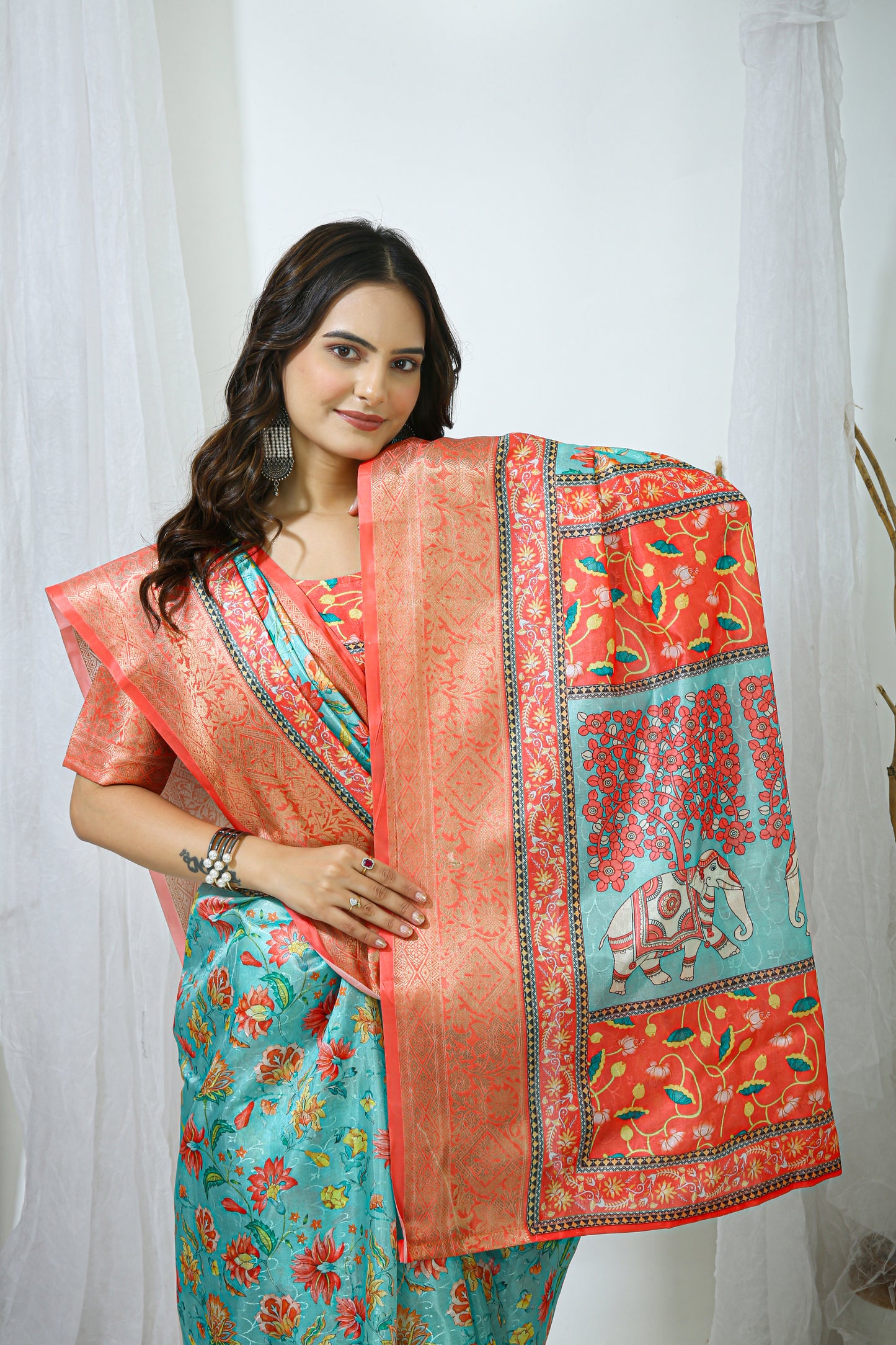 Orange and Light Blue Color Dola Cotton Fabric Digital Print Saree With Blouse Piece