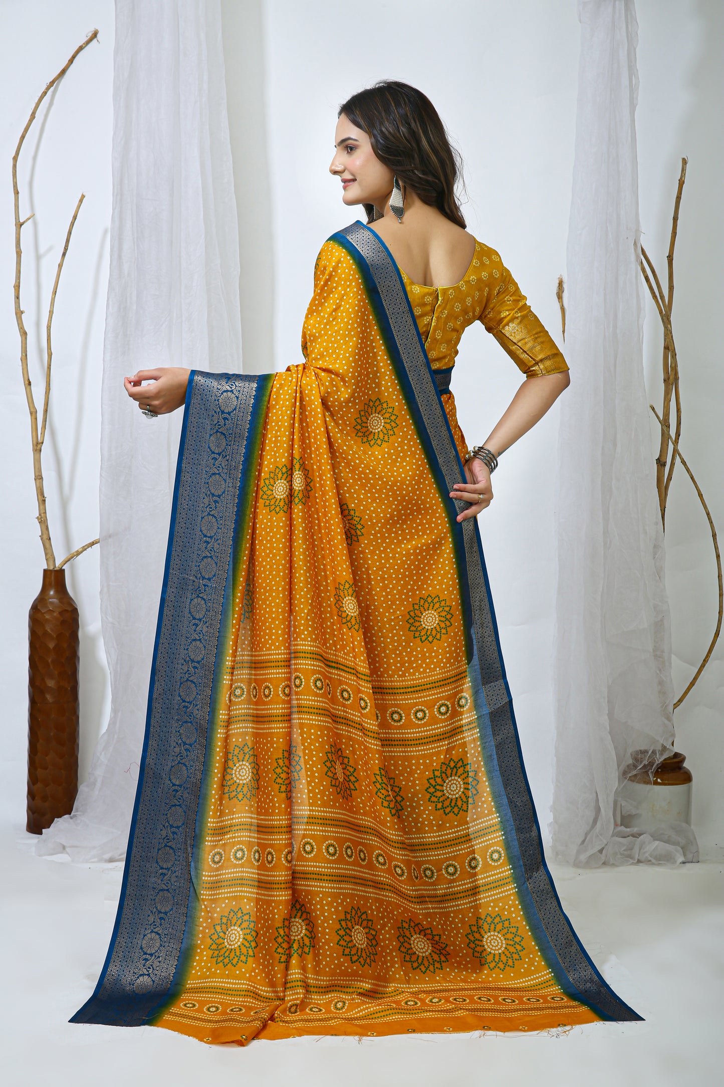 Mustard Color Dola Cotton Fabric Kalamkari Print Saree With Printed Blouse Piece