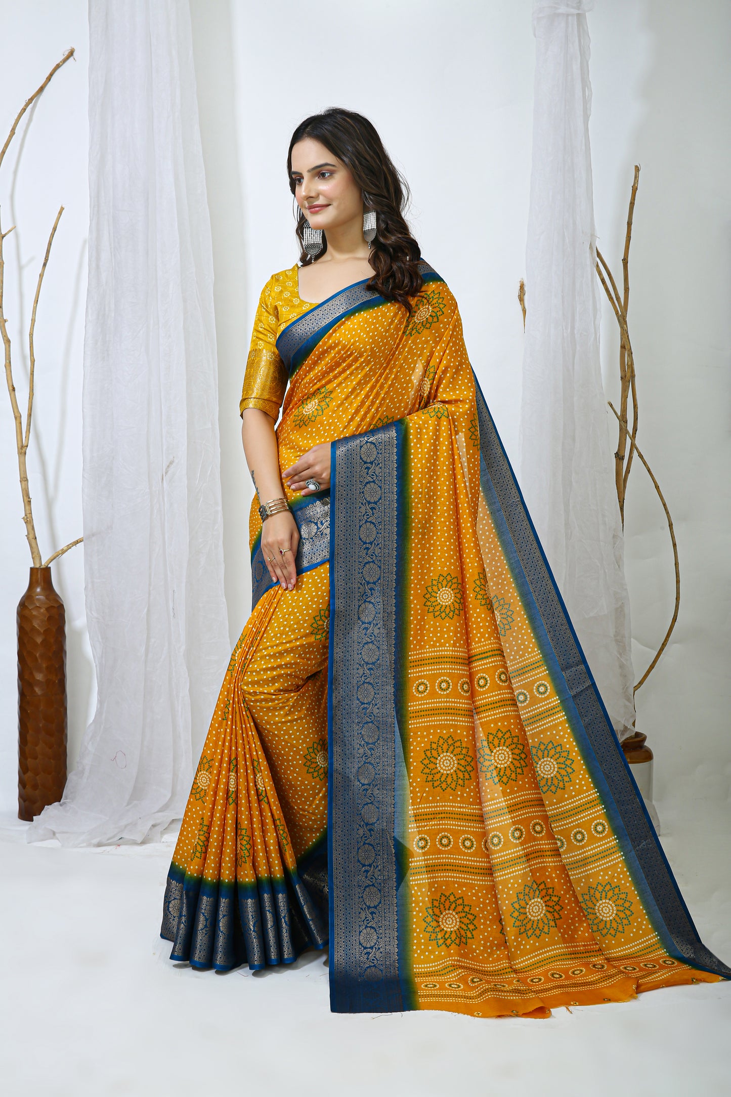 Mustard Color Dola Cotton Fabric Kalamkari Print Saree With Printed Blouse Piece