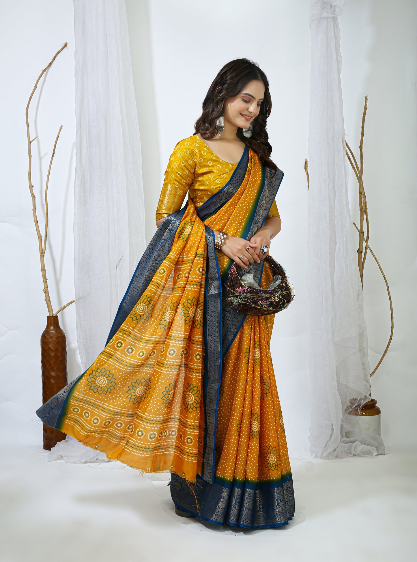 Mustard Color Dola Cotton Fabric Kalamkari Print Saree With Printed Blouse Piece