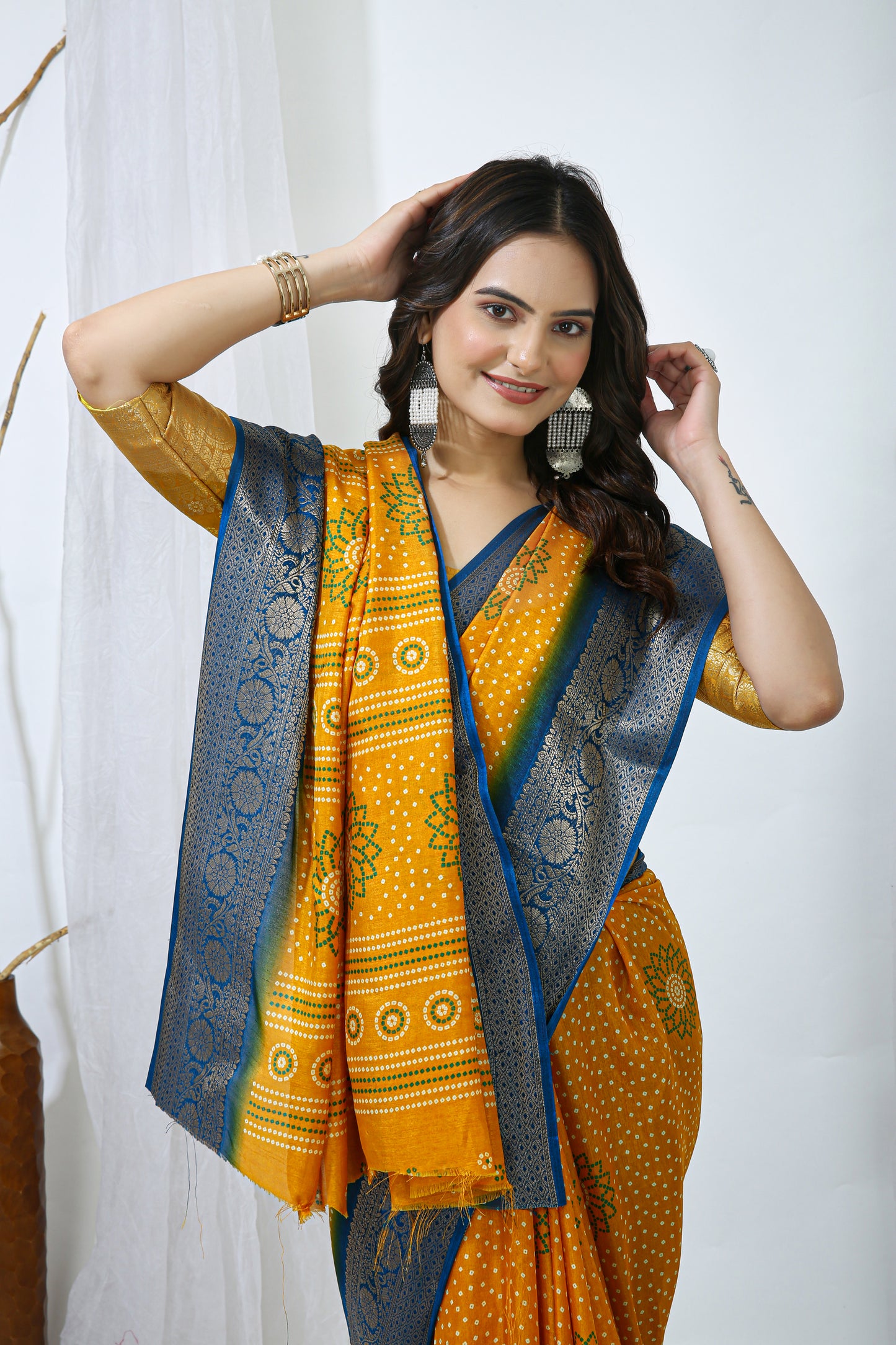 Mustard Color Dola Cotton Fabric Kalamkari Print Saree With Printed Blouse Piece