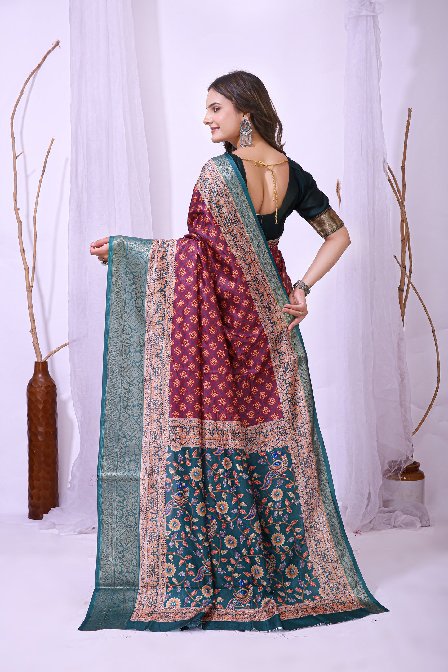 Red and Green Color Dola Cotton Fabric Digital Print Saree With Blouse Piece