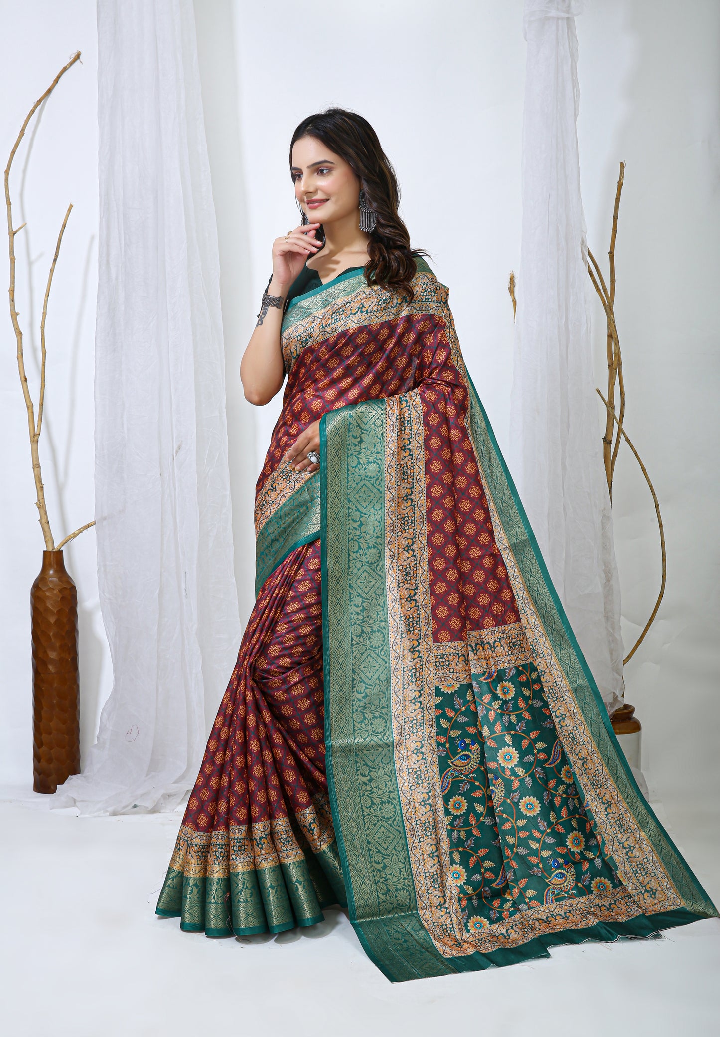 Red and Green Color Dola Cotton Fabric Digital Print Saree With Blouse Piece