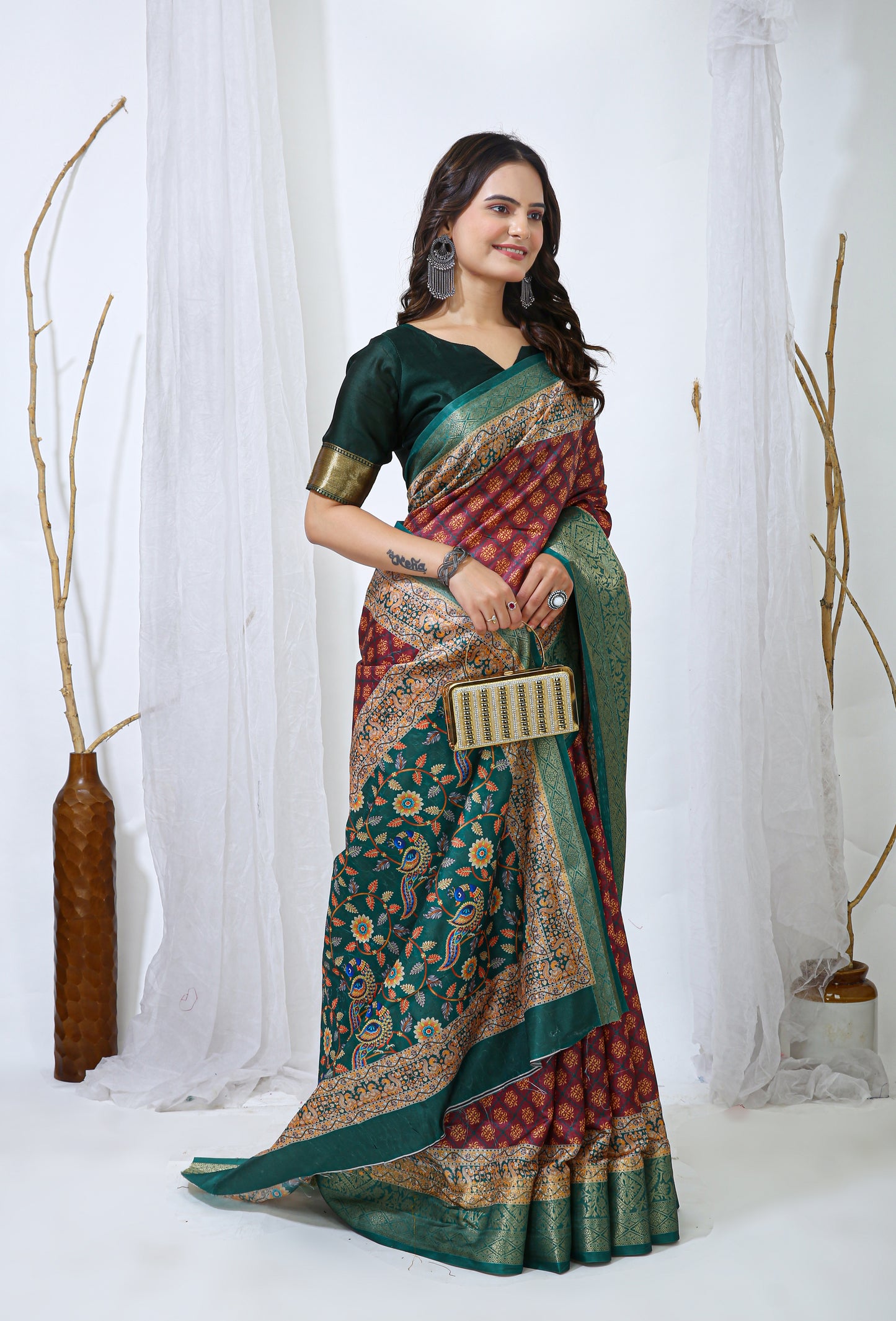 Red and Green Color Dola Cotton Fabric Digital Print Saree With Blouse Piece