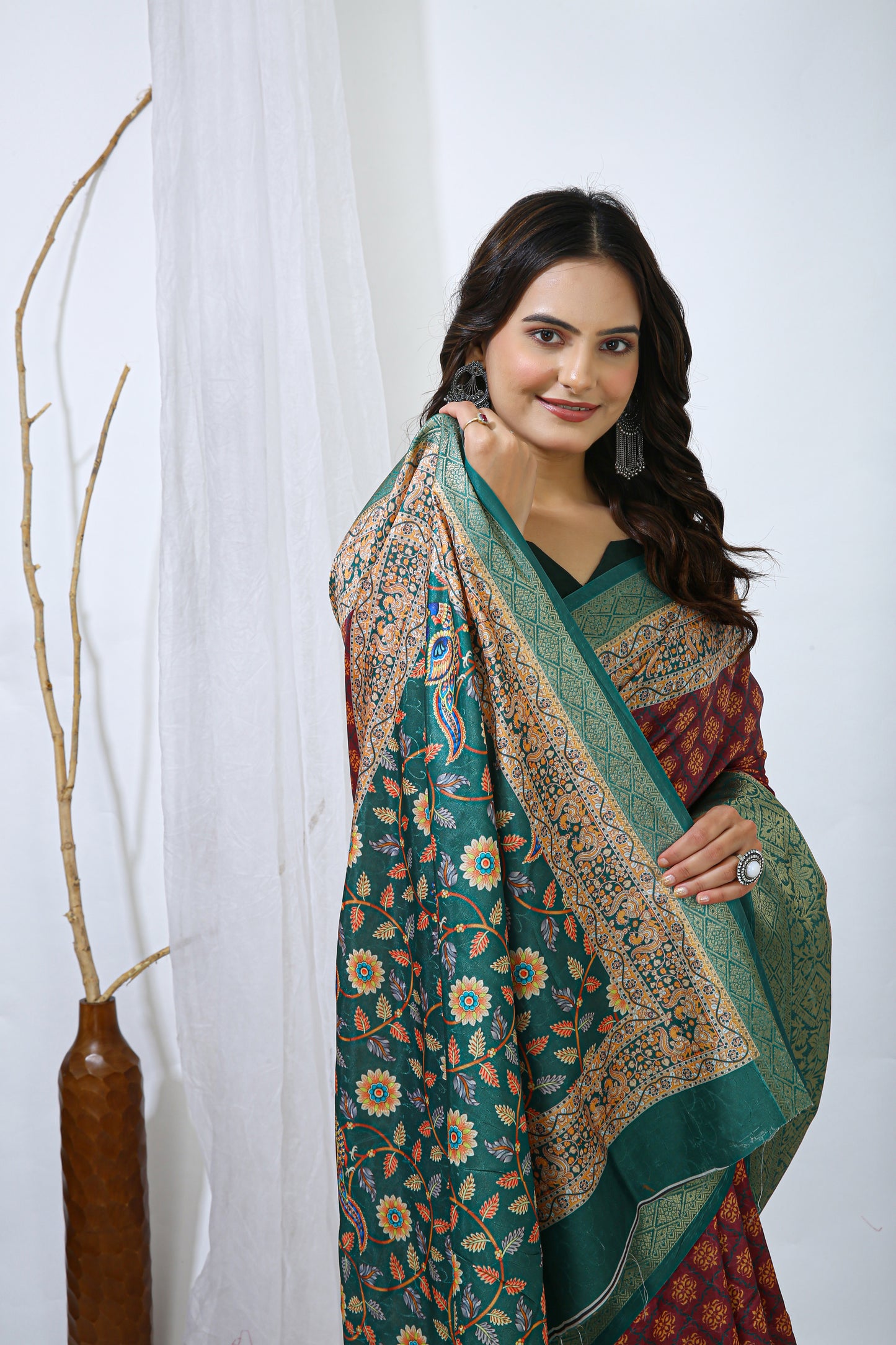 Red and Green Color Dola Cotton Fabric Digital Print Saree With Blouse Piece