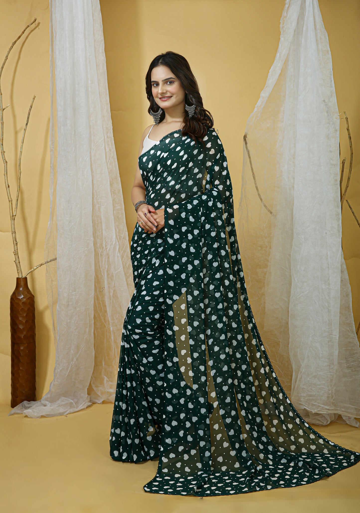 Green Color Georgette Fabric Heart Print Saree With Blouse Piece
