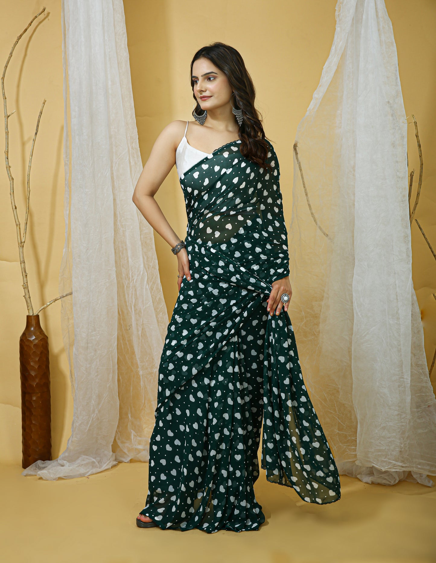 Green Color Georgette Fabric Heart Print Saree With Blouse Piece