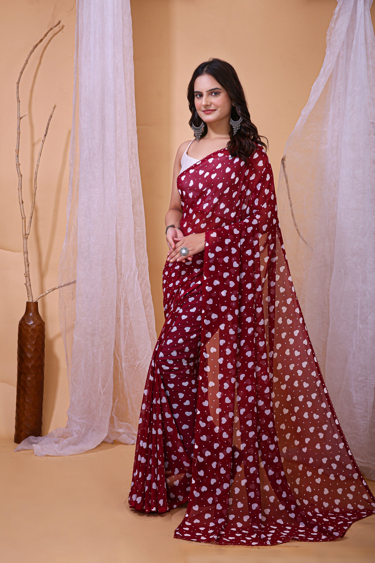 Maroon Color Georgette Fabric Heart Print Saree With Blouse Piece