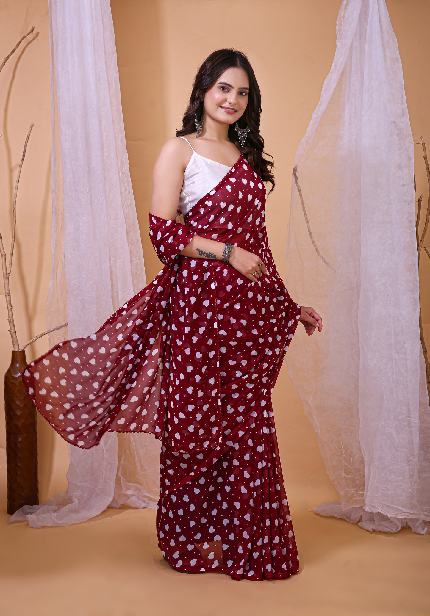 Maroon Color Georgette Fabric Heart Print Saree With Blouse Piece