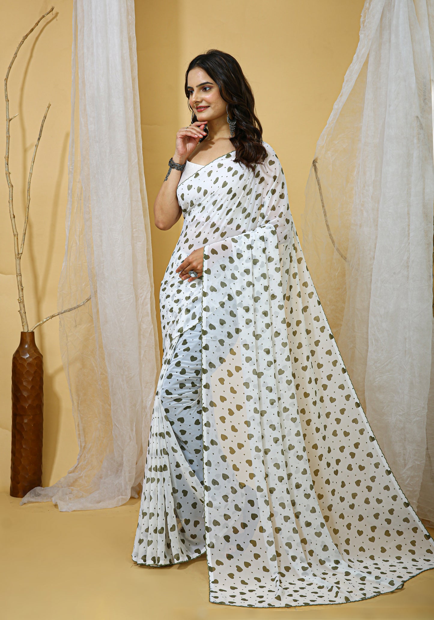 White & Olive-green Color Georgette Fabric Heart Print Saree With Blouse Piece