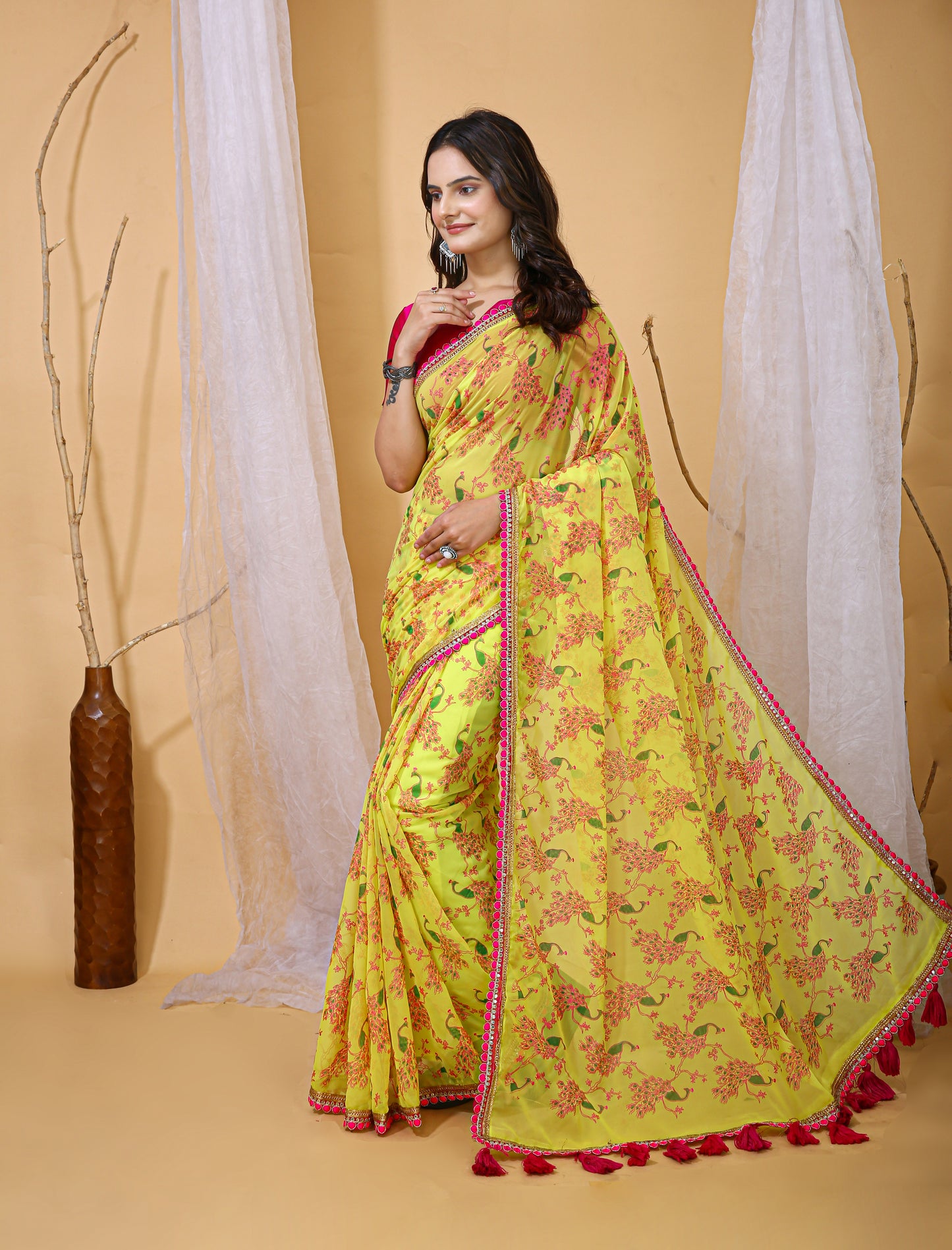 Lemon Yellow Color Georgette Fabric Digital Print Saree With Blouse Piece