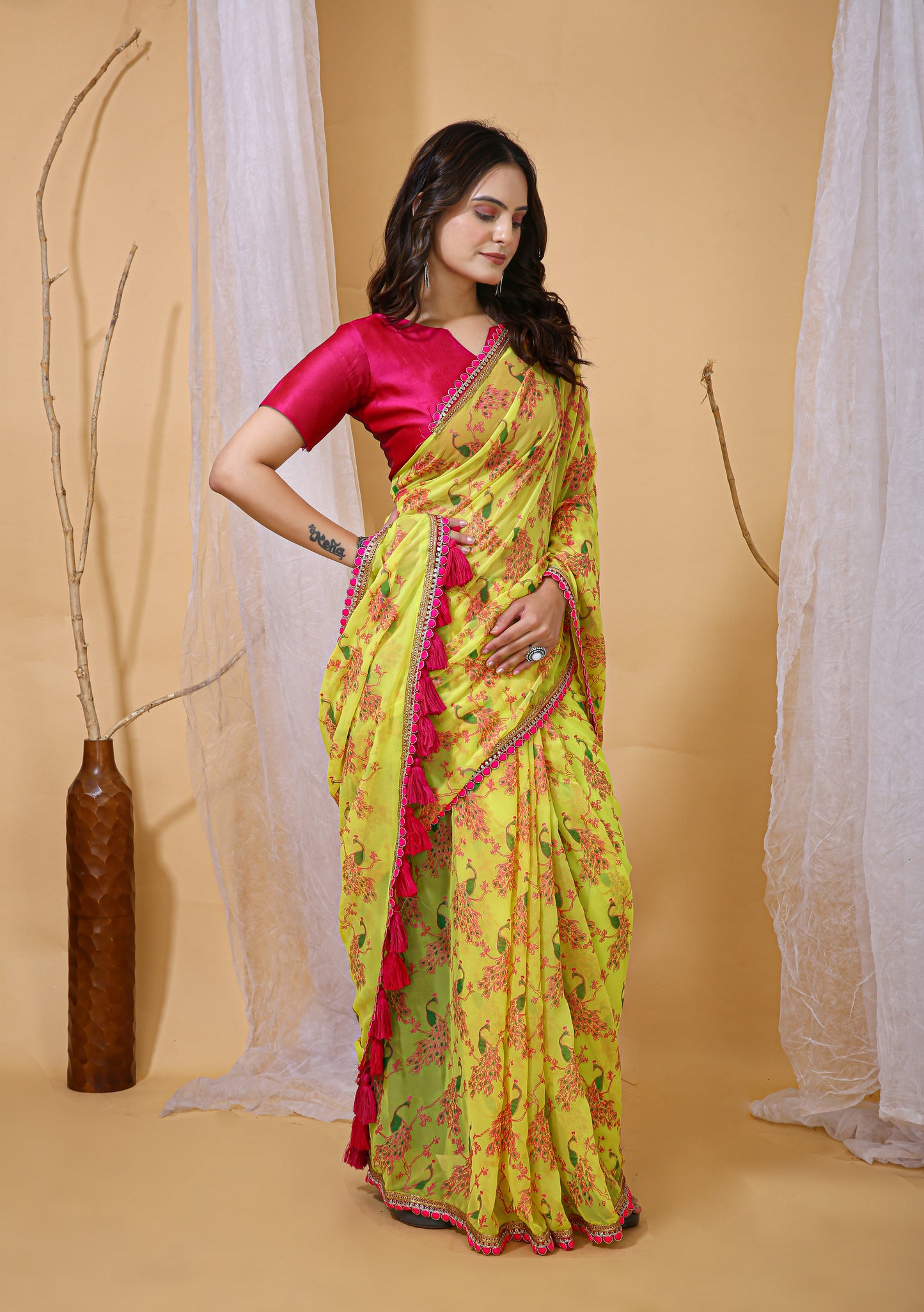 Lemon Yellow Color Georgette Fabric Digital Print Saree With Blouse Piece