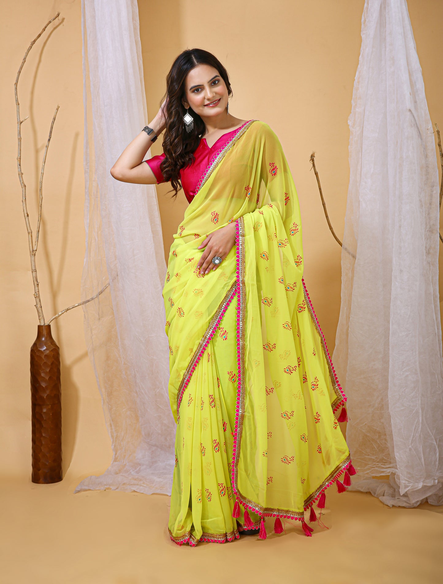 Lemon Yellow Color Georgette Fabric Digital Print Saree With Blouse Piece