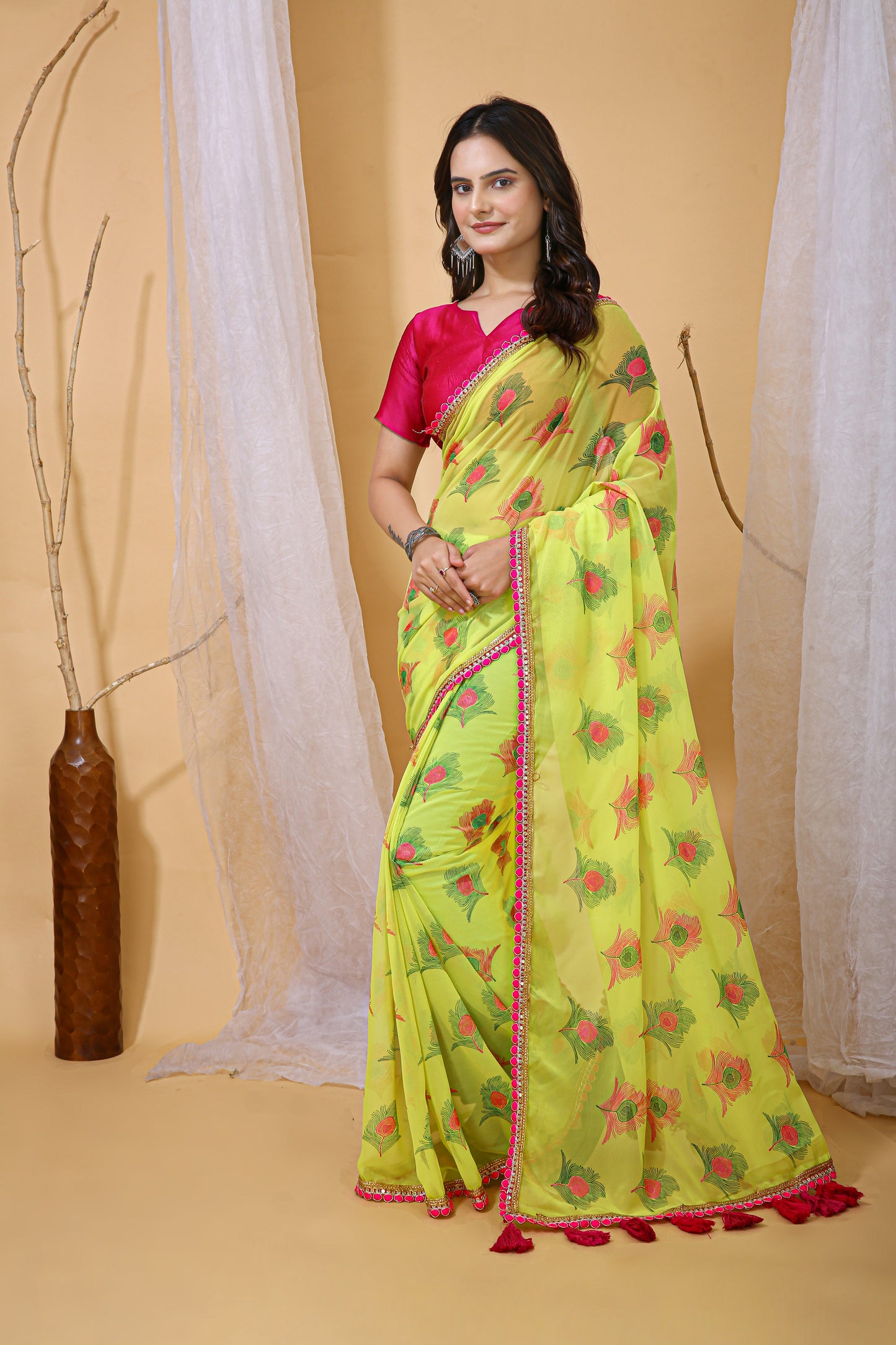 Lemon Yellow Color Georgette Fabric Digital Print Saree With Blouse Piece