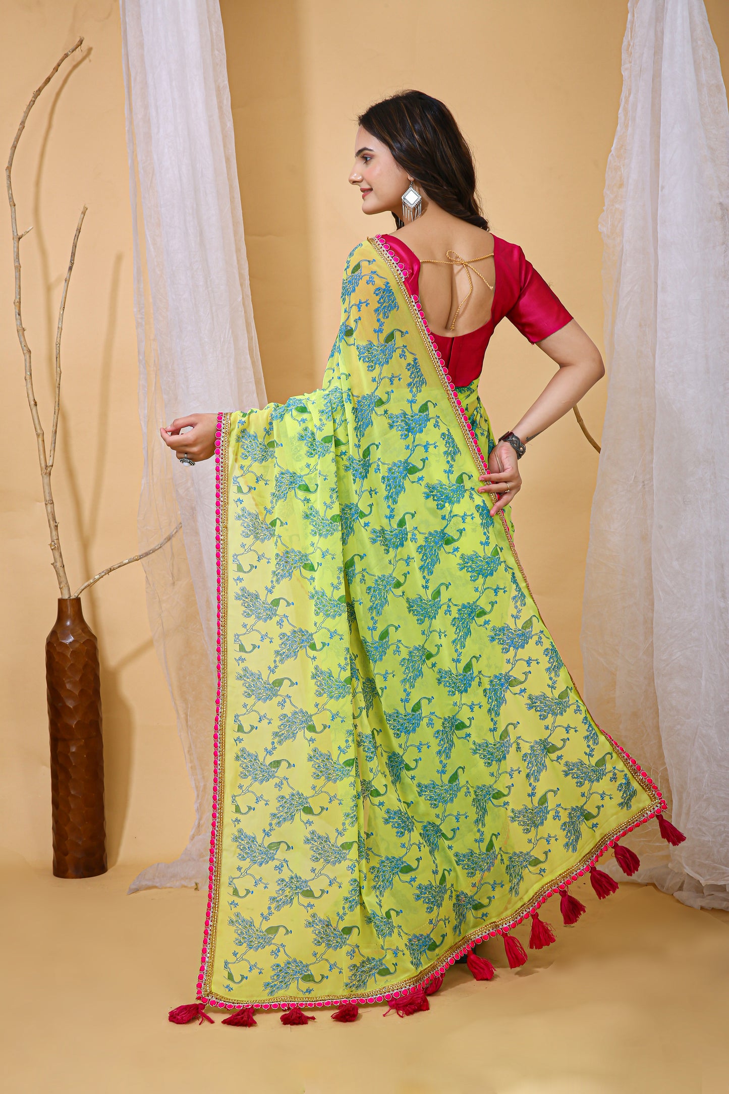 Parrot Green Color Georgette Fabric Digital Print Saree With Blouse Piece