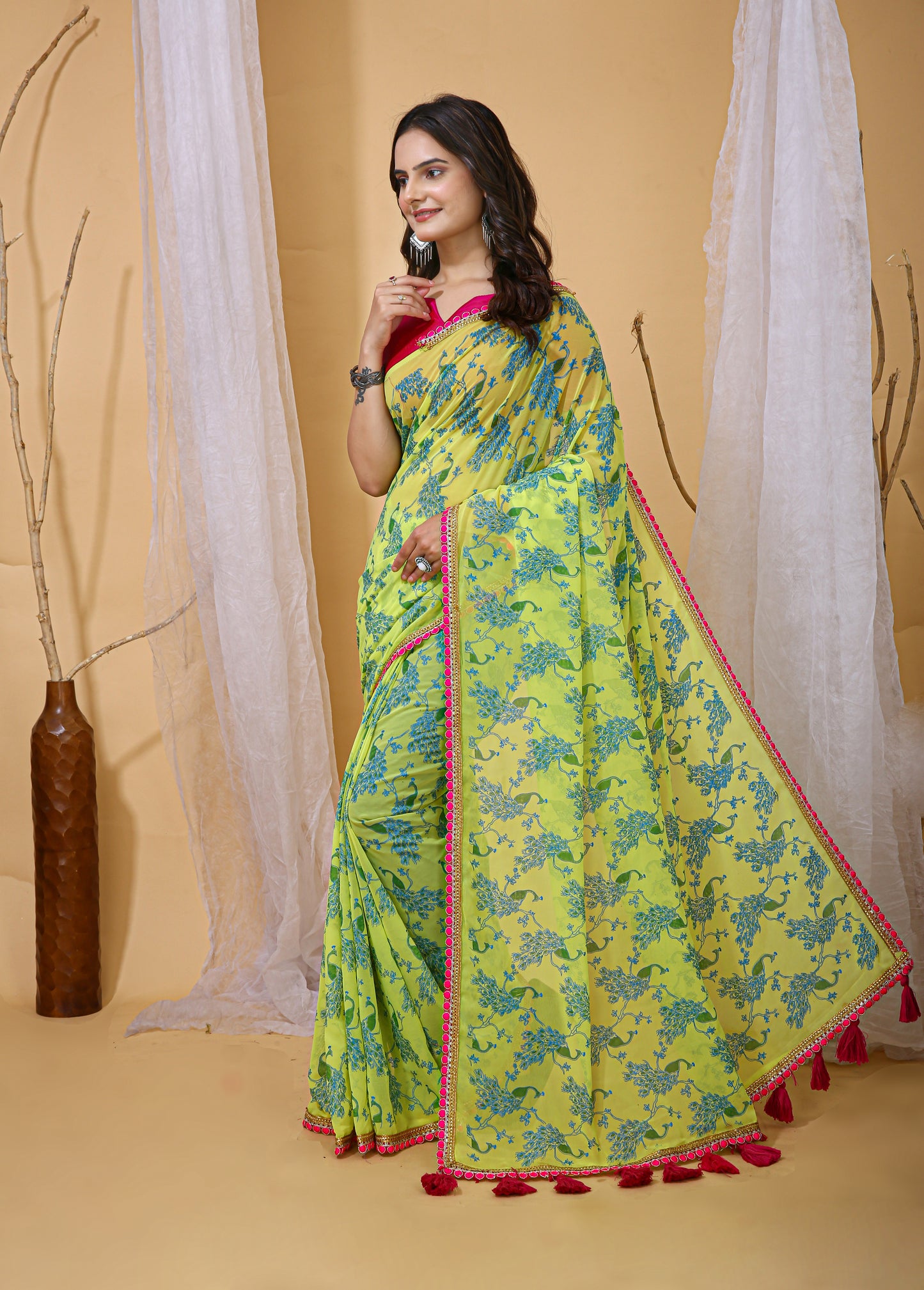 Parrot Green Color Georgette Fabric Digital Print Saree With Blouse Piece