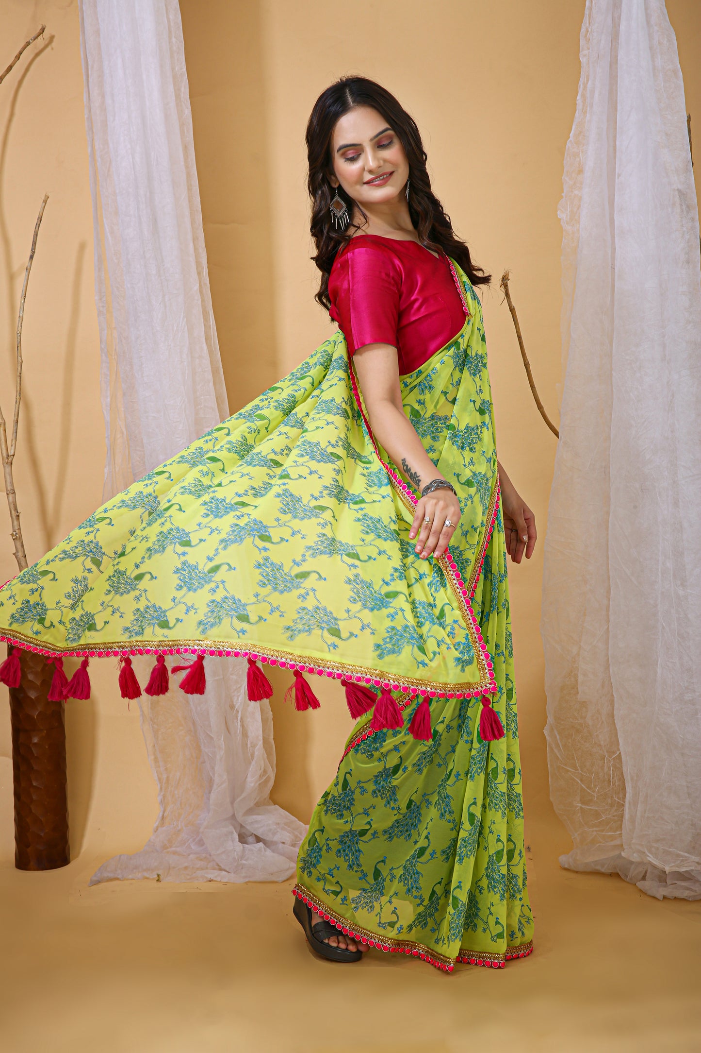 Parrot Green Color Georgette Fabric Digital Print Saree With Blouse Piece
