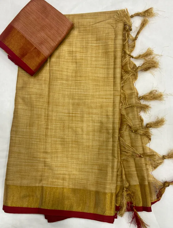 Charming Beige Color Cotton Linen Saree With Unstitched Blouse Piece For Women