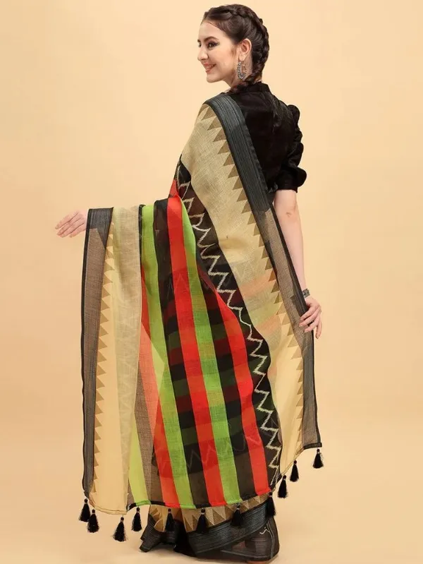 Divine Multi Color Cotton Linen Saree With Unstitched Blouse Piece For Women