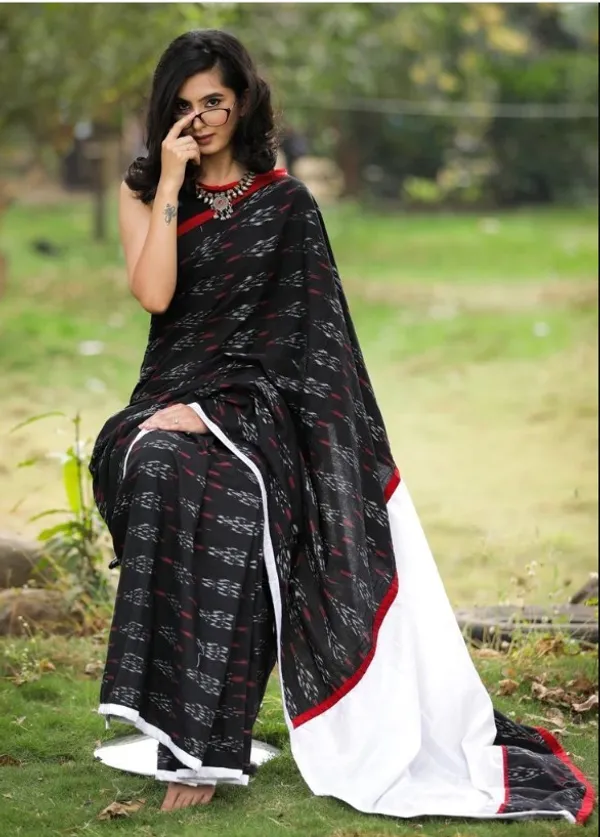 Graceful White and Black Color Cotton Linen Saree With Unstitched Blouse Piece For Women