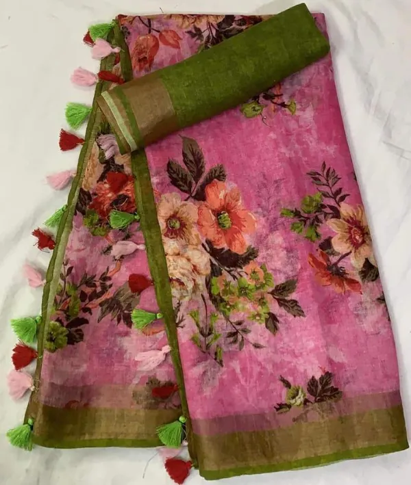 Traditional Pink and Green Color Cotton Linen Saree With Unstitched Blouse Piece For Women