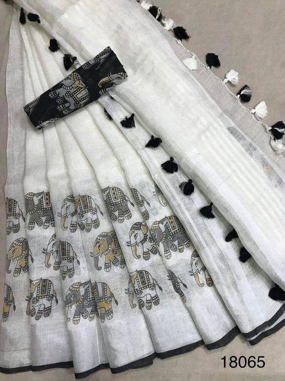 Vibrant White Color Cotton Linen Saree With Unstitched Blouse Piece For Women
